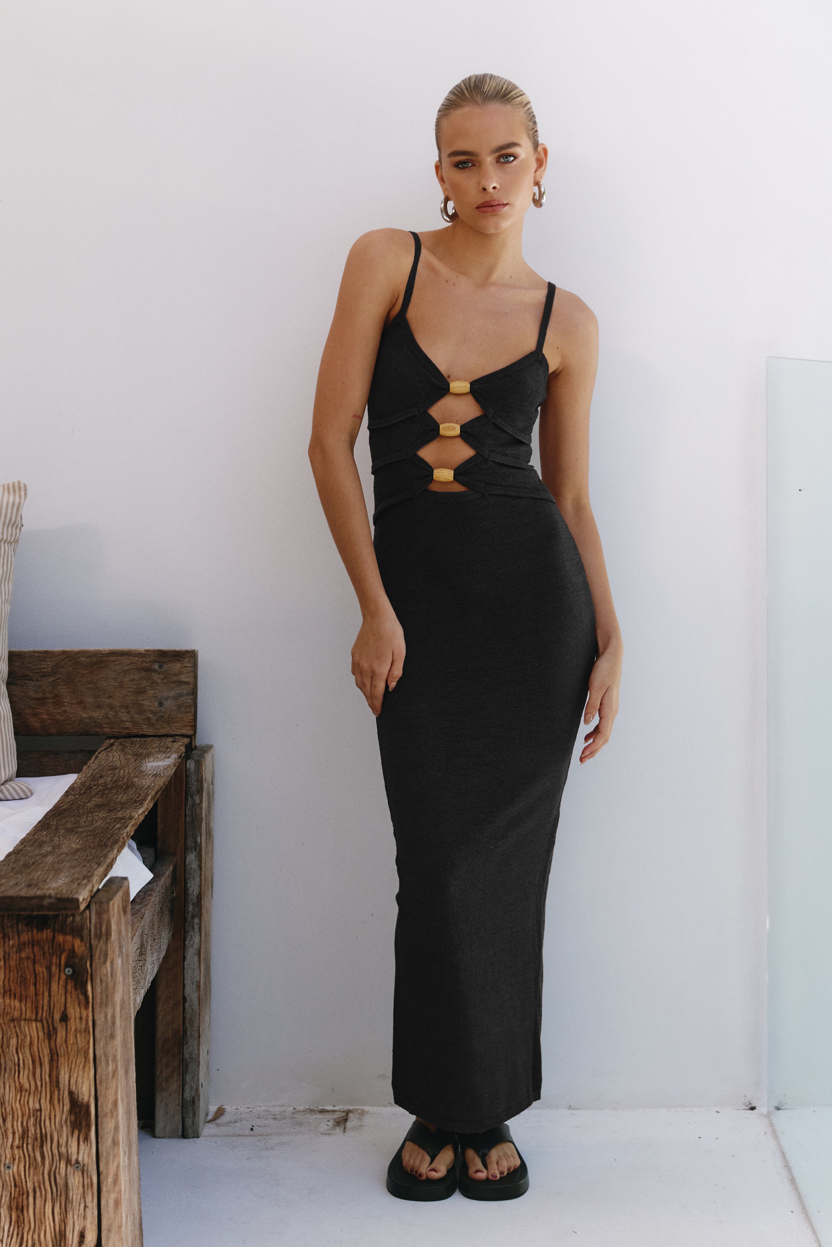 Black Normani Knit Midi Dress with Cut Out & Wood Beads