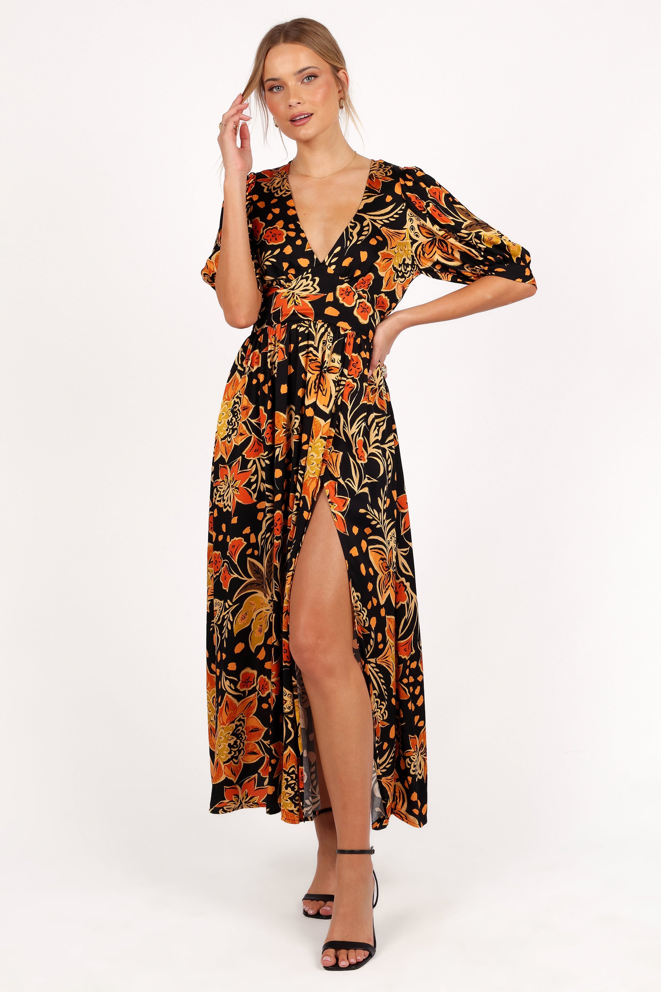 Nadalyn V-Neck Midi Dress with Back Tie Detail - Black & Multi