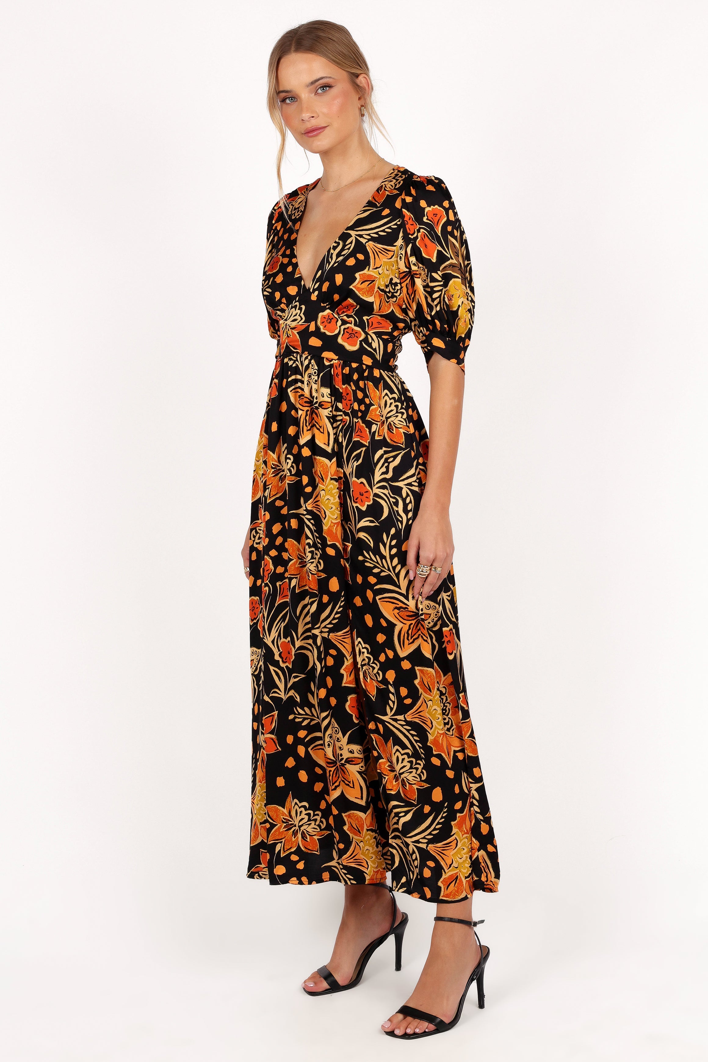 Nadalyn V-Neck Midi Dress with Back Tie Detail - Black & Multi