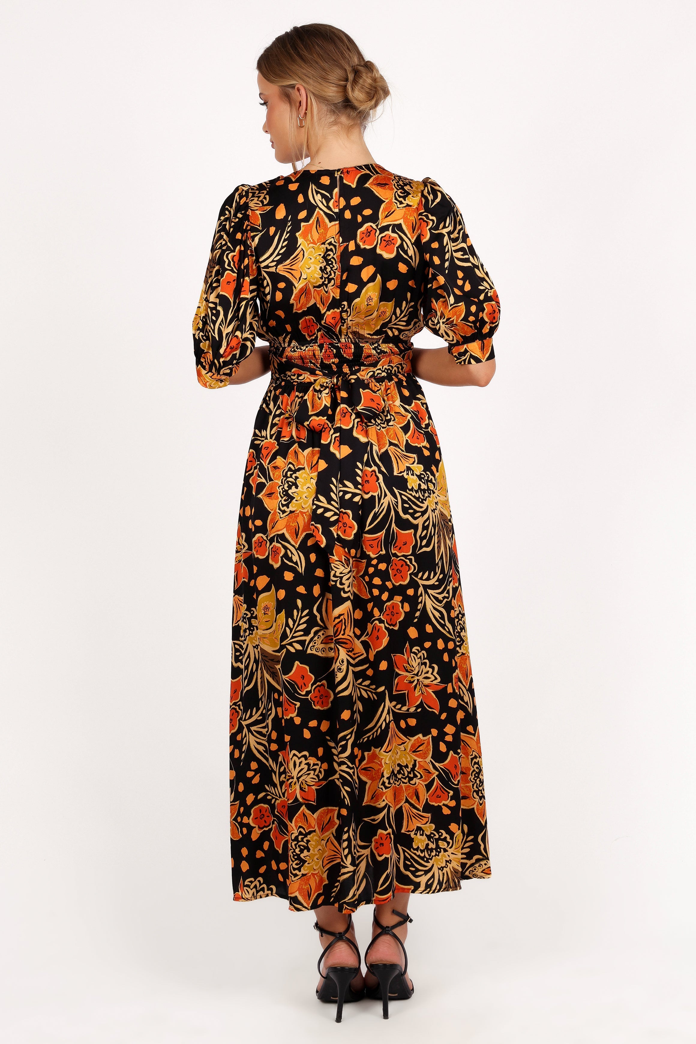 Nadalyn V-Neck Midi Dress with Back Tie Detail - Black & Multi