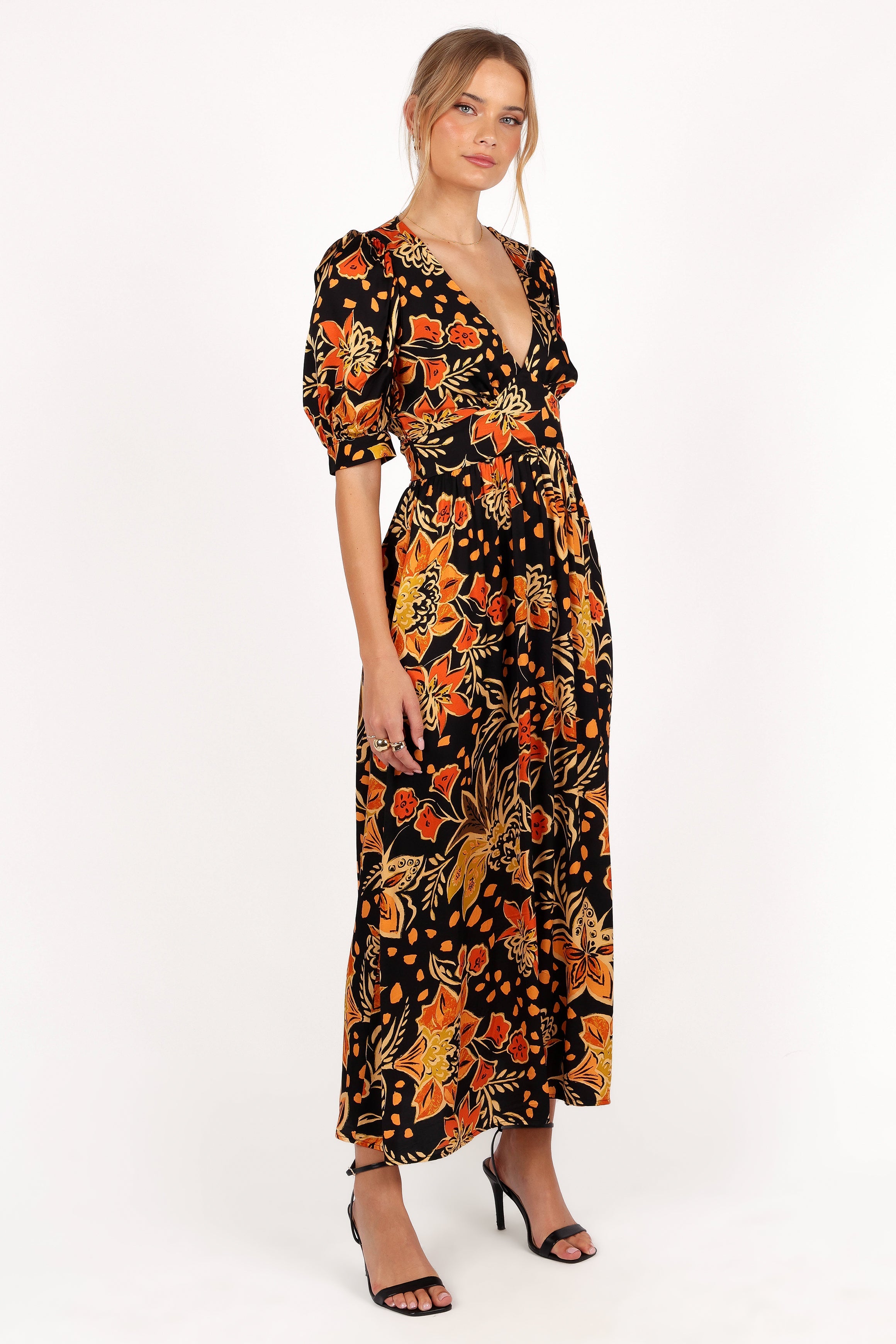 Nadalyn V-Neck Midi Dress with Back Tie Detail - Black & Multi