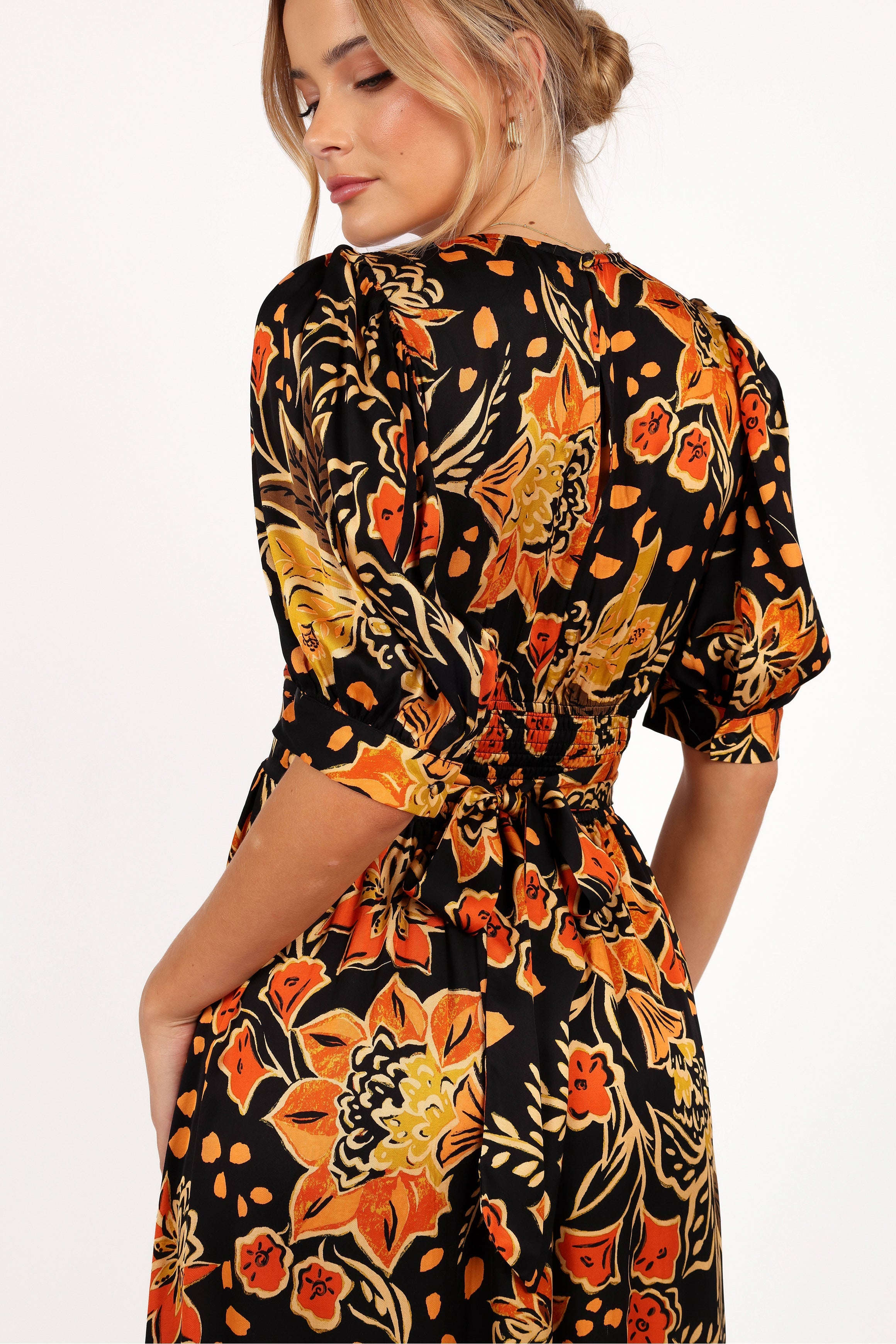 Nadalyn V-Neck Midi Dress with Back Tie Detail - Black & Multi