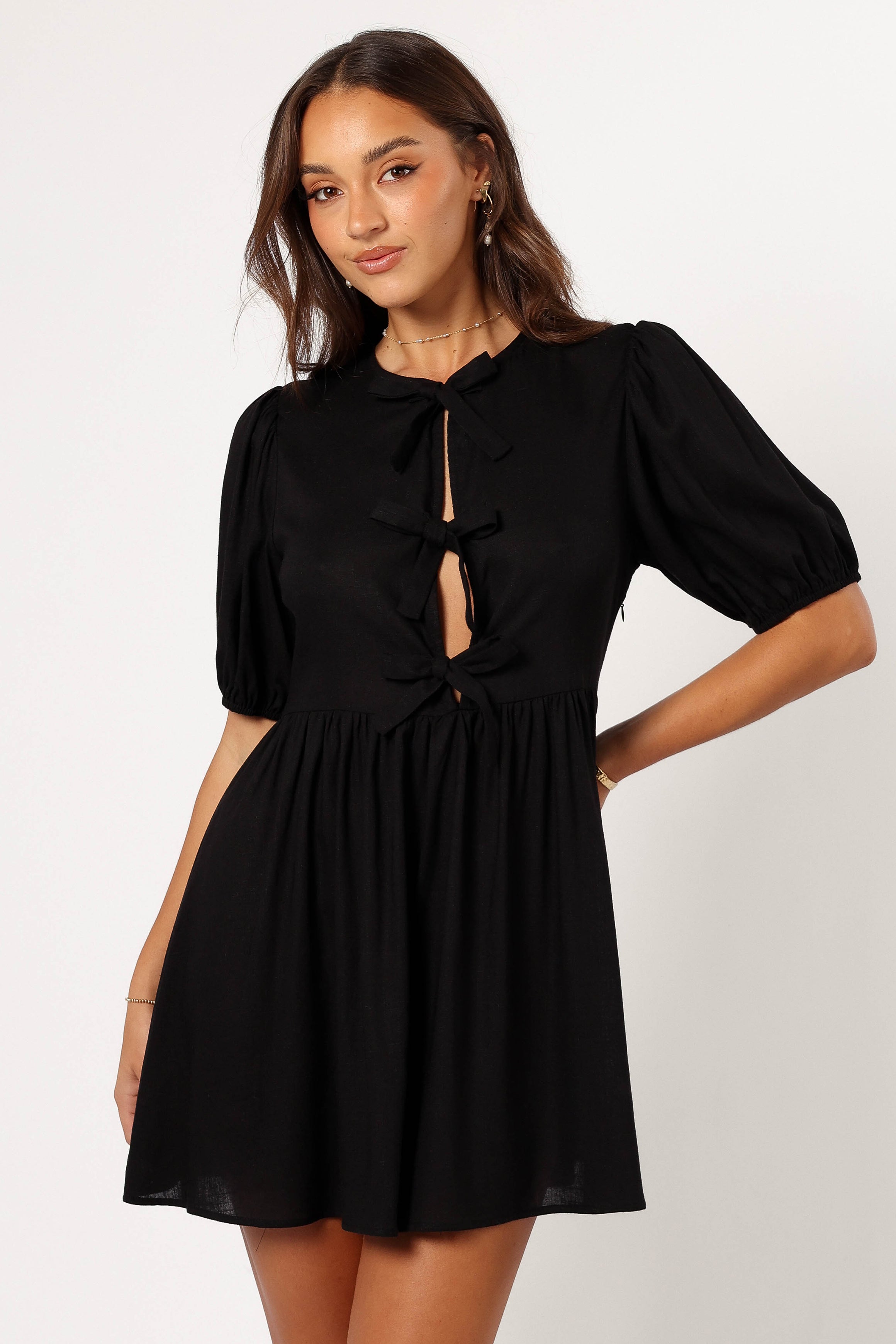 Black Harlyn Mini Dress with Tie Front & Elastic Cuffs
