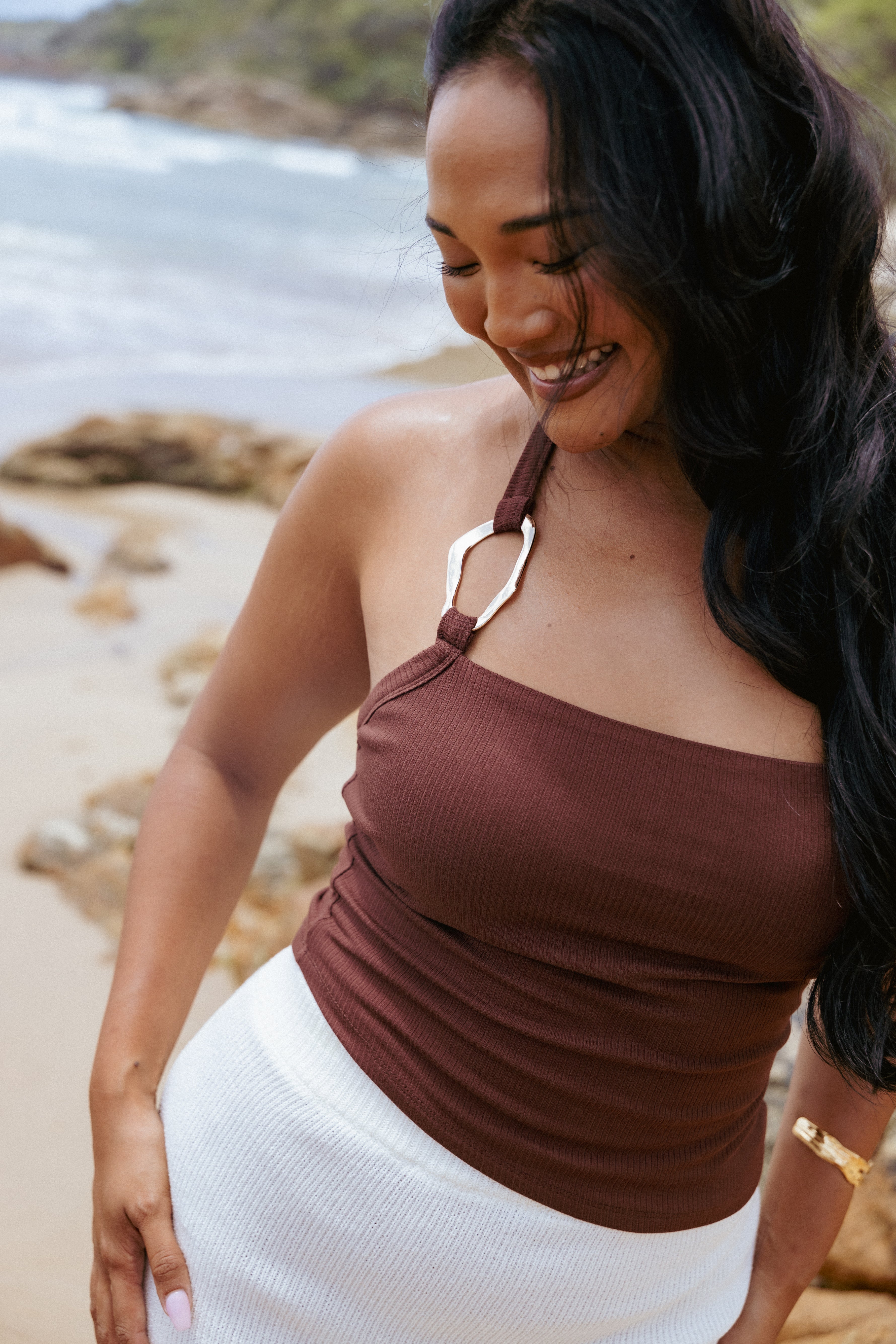 Yulissa Ribbed Knit Halter Top - Chocolate Brown Cropped Style