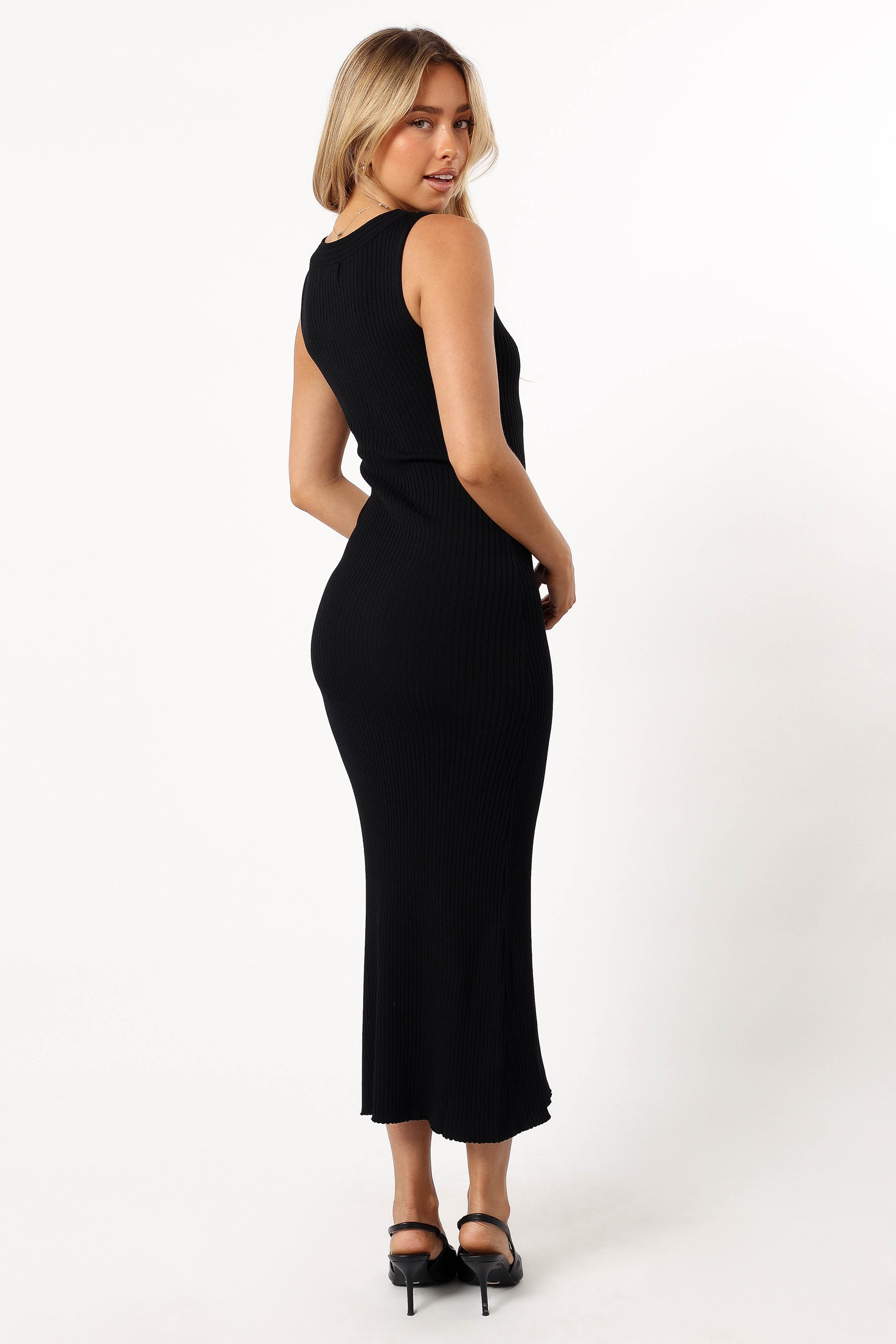 Easton Black V-Neck Ribbed Knit Maxi Dress with Twist Detail