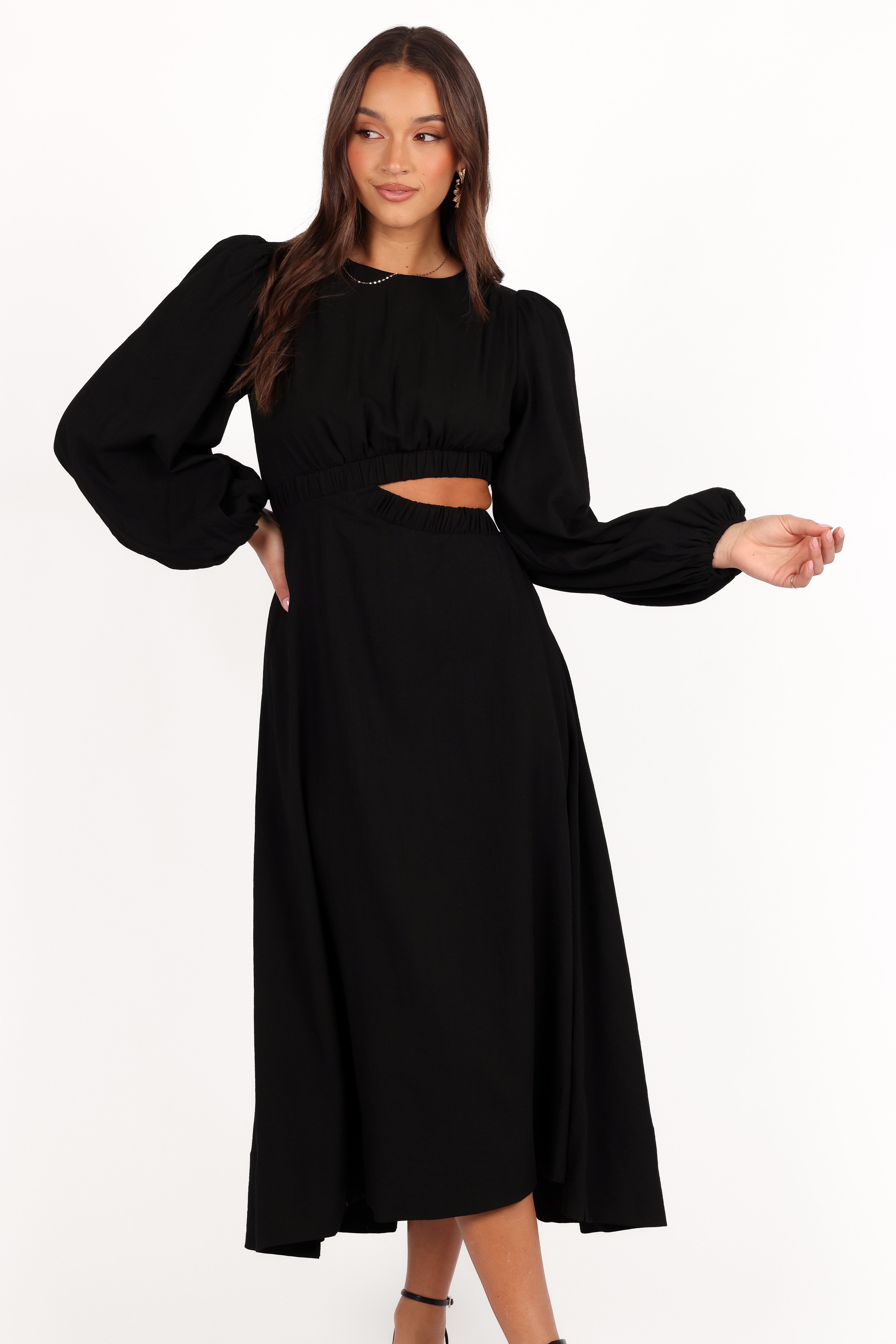Black Puff Sleeve Midi Dress with Cutout Detail - Ginnee