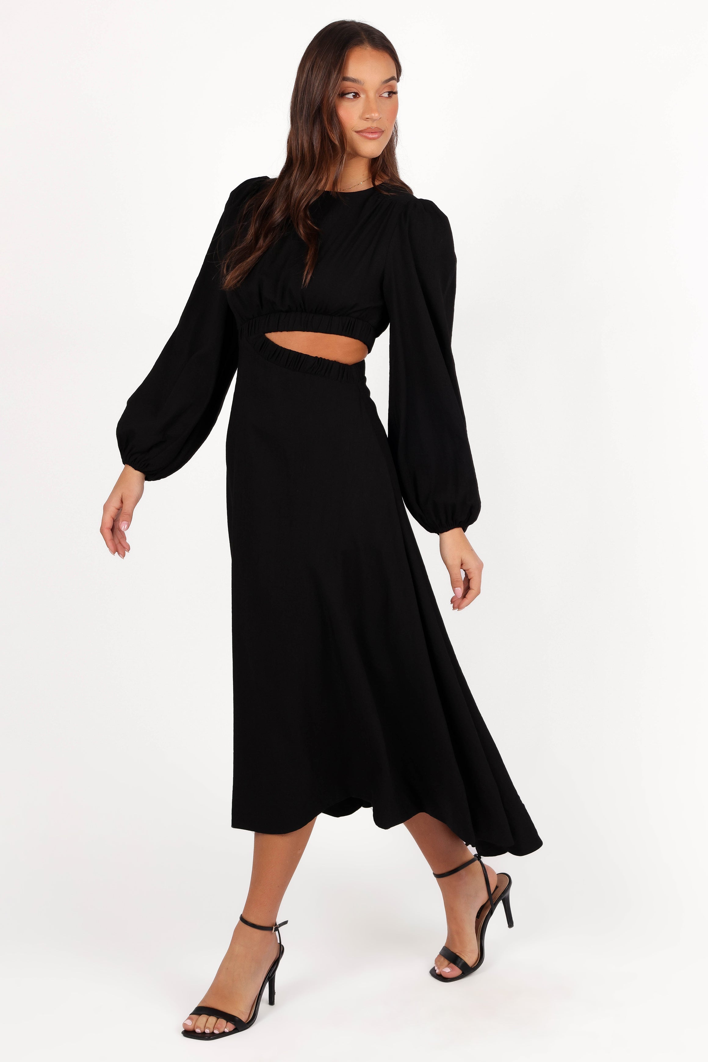 Black Puff Sleeve Midi Dress with Cutout Detail - Ginnee