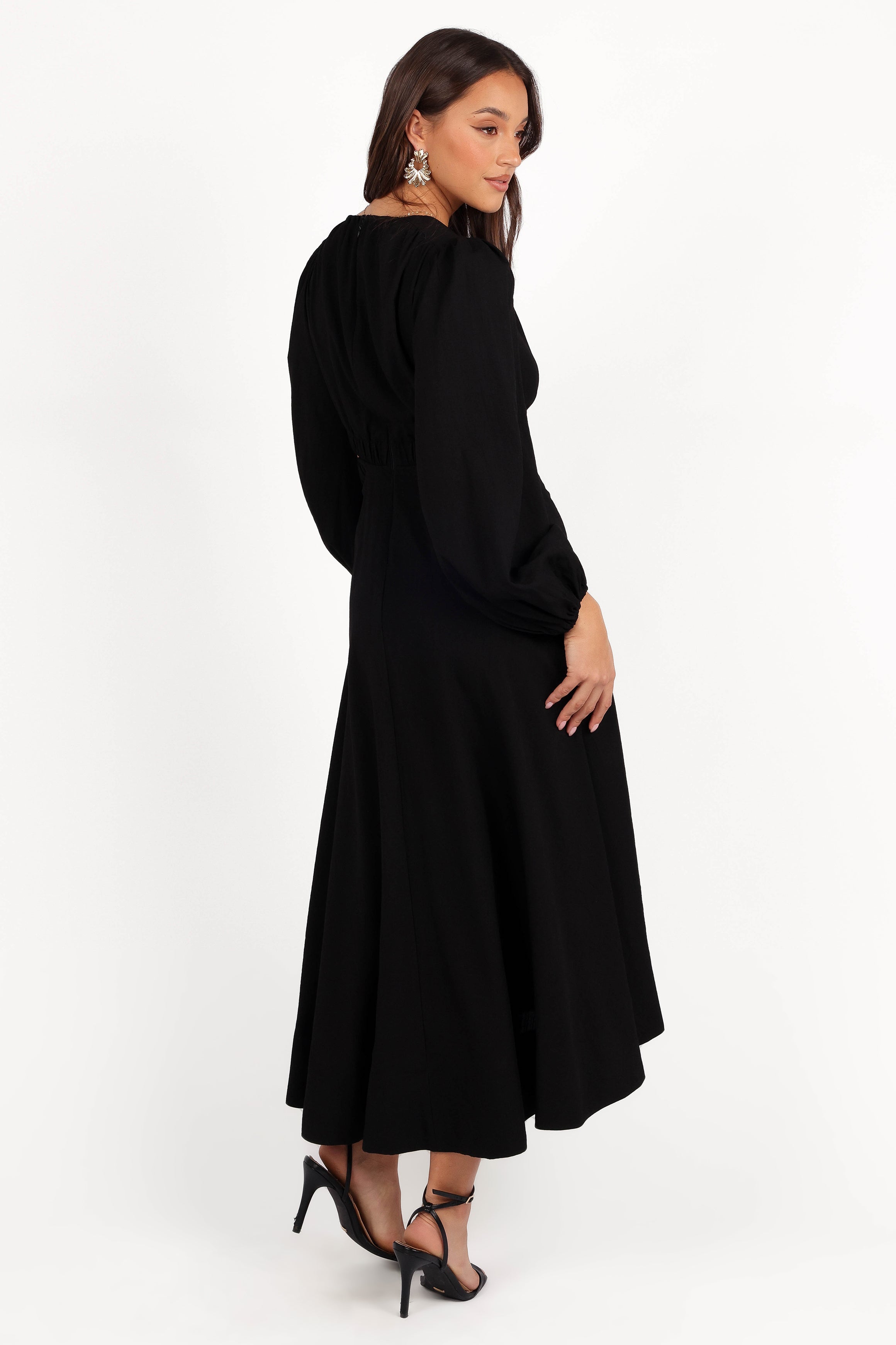 Black Puff Sleeve Midi Dress with Cutout Detail - Ginnee
