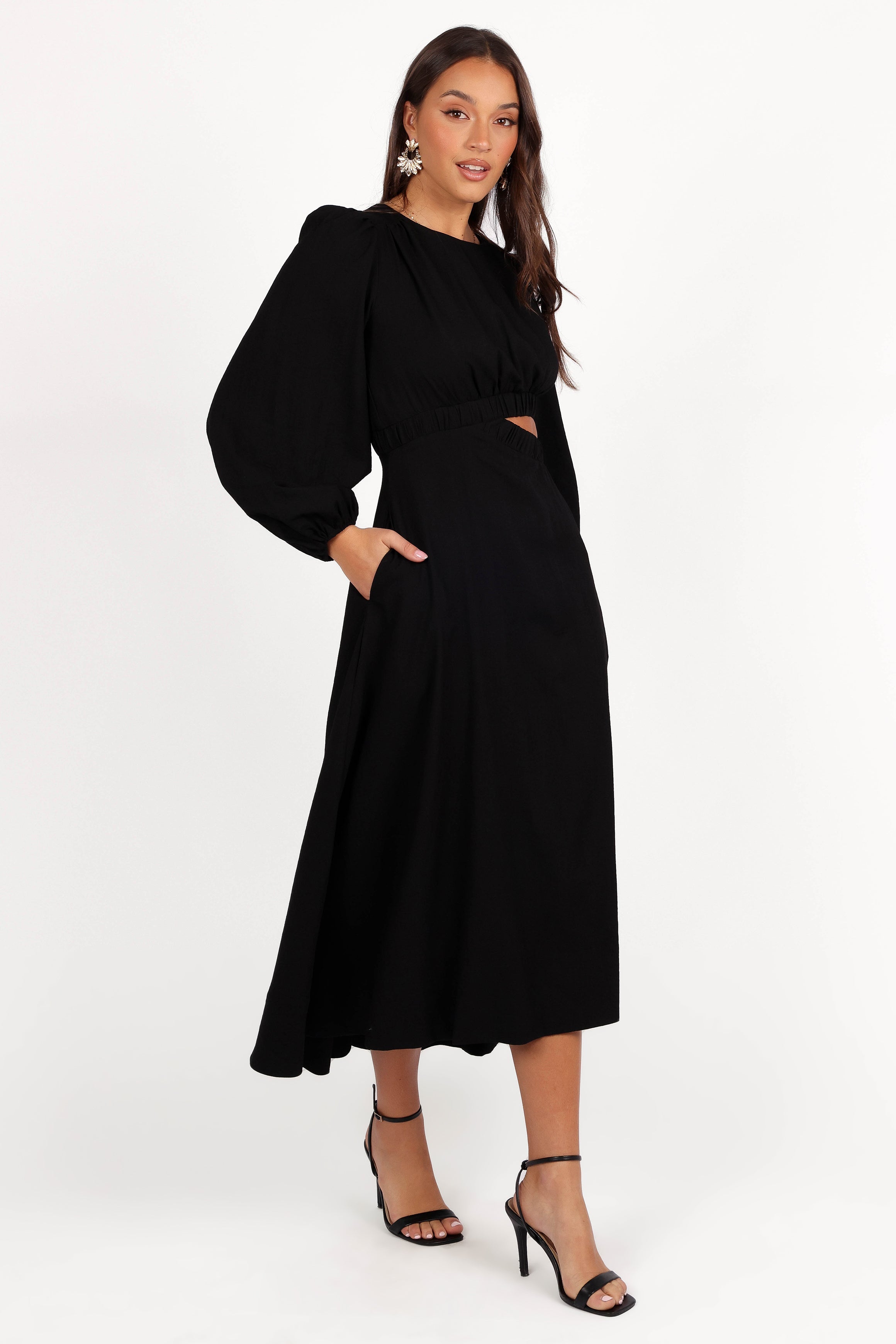 Black Puff Sleeve Midi Dress with Cutout Detail - Ginnee