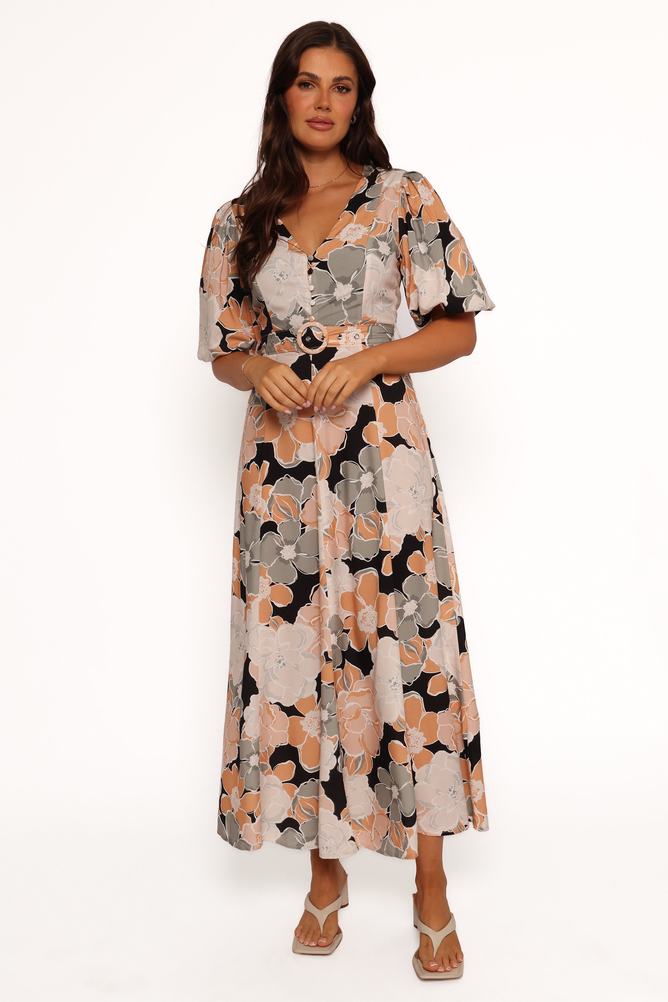 Tiarni Floral Maxi Dress with V Neck & Detachable Belt - Black