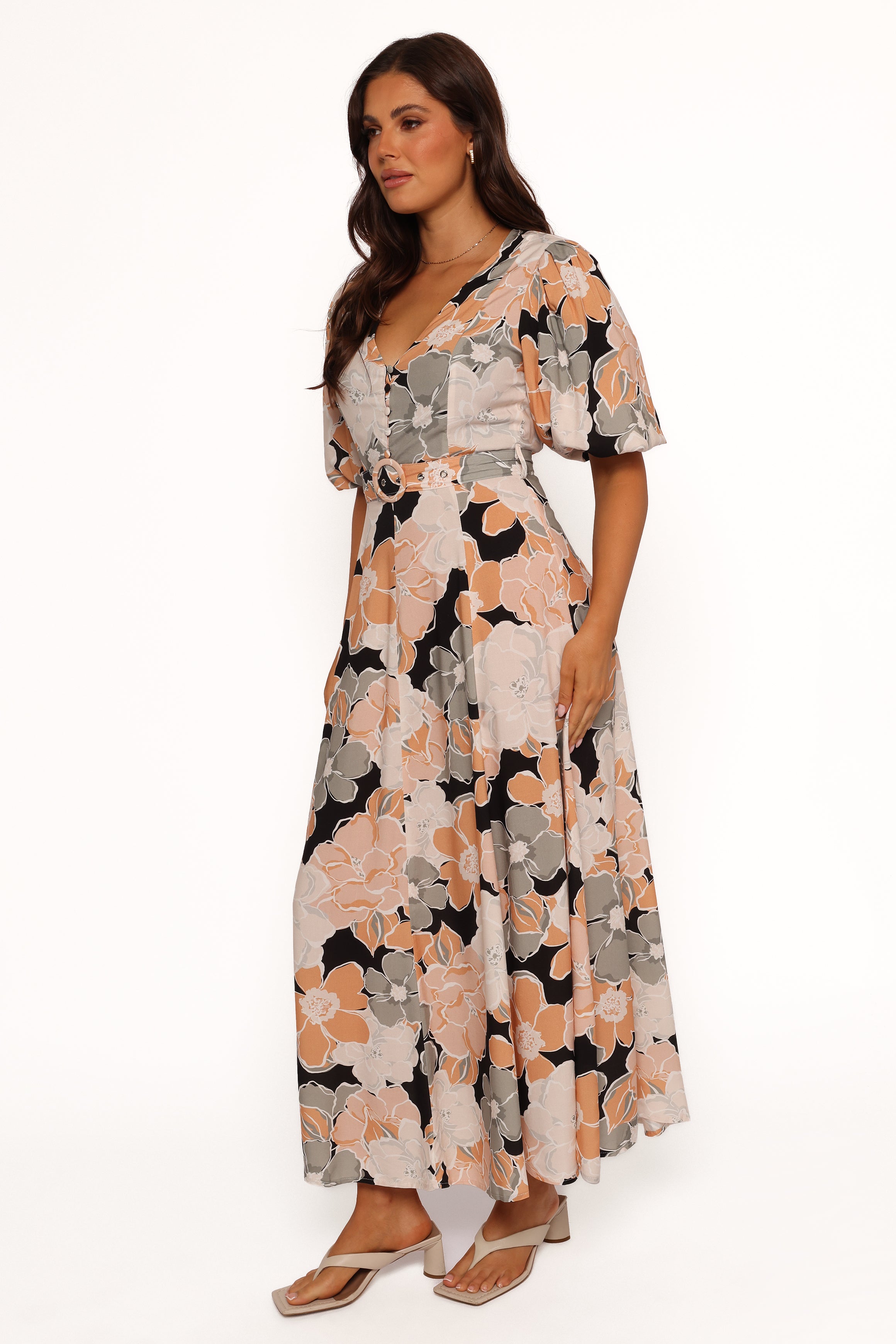 Tiarni Floral Maxi Dress with V Neck & Detachable Belt - Black