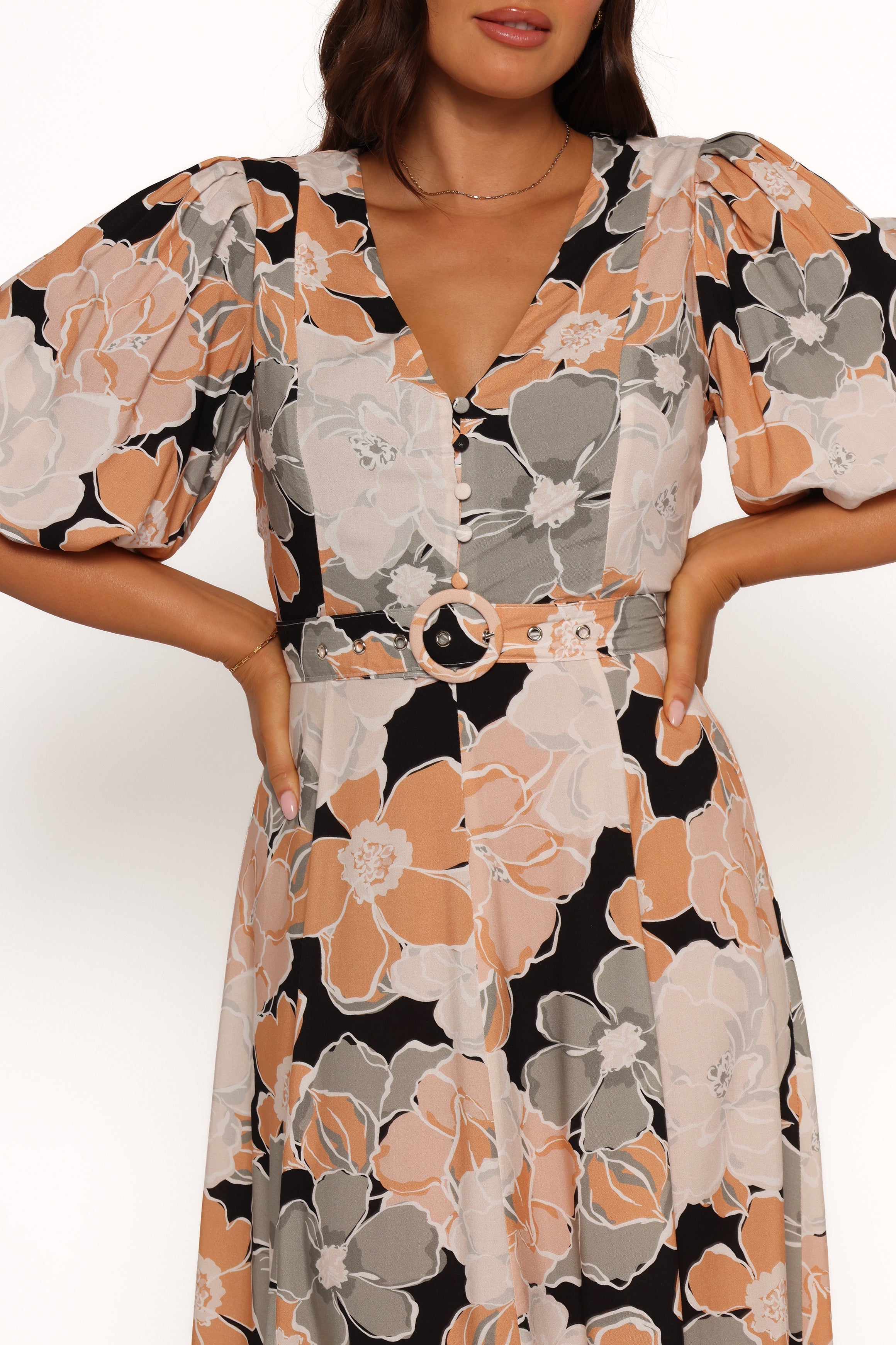 Tiarni Floral Maxi Dress with V Neck & Detachable Belt - Black
