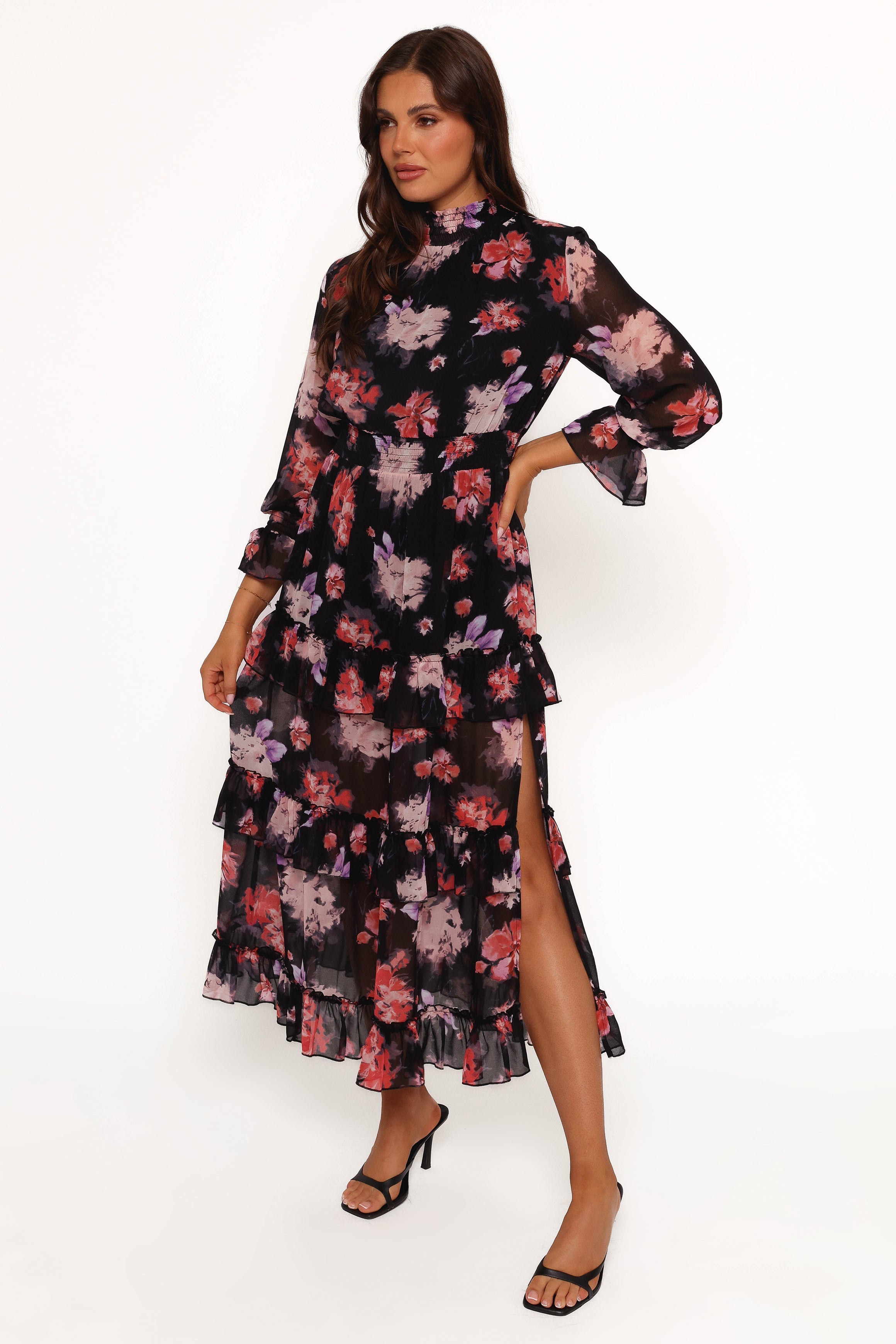 Black Floral Maxi Dress with Long Sheer Sleeves - Isadora