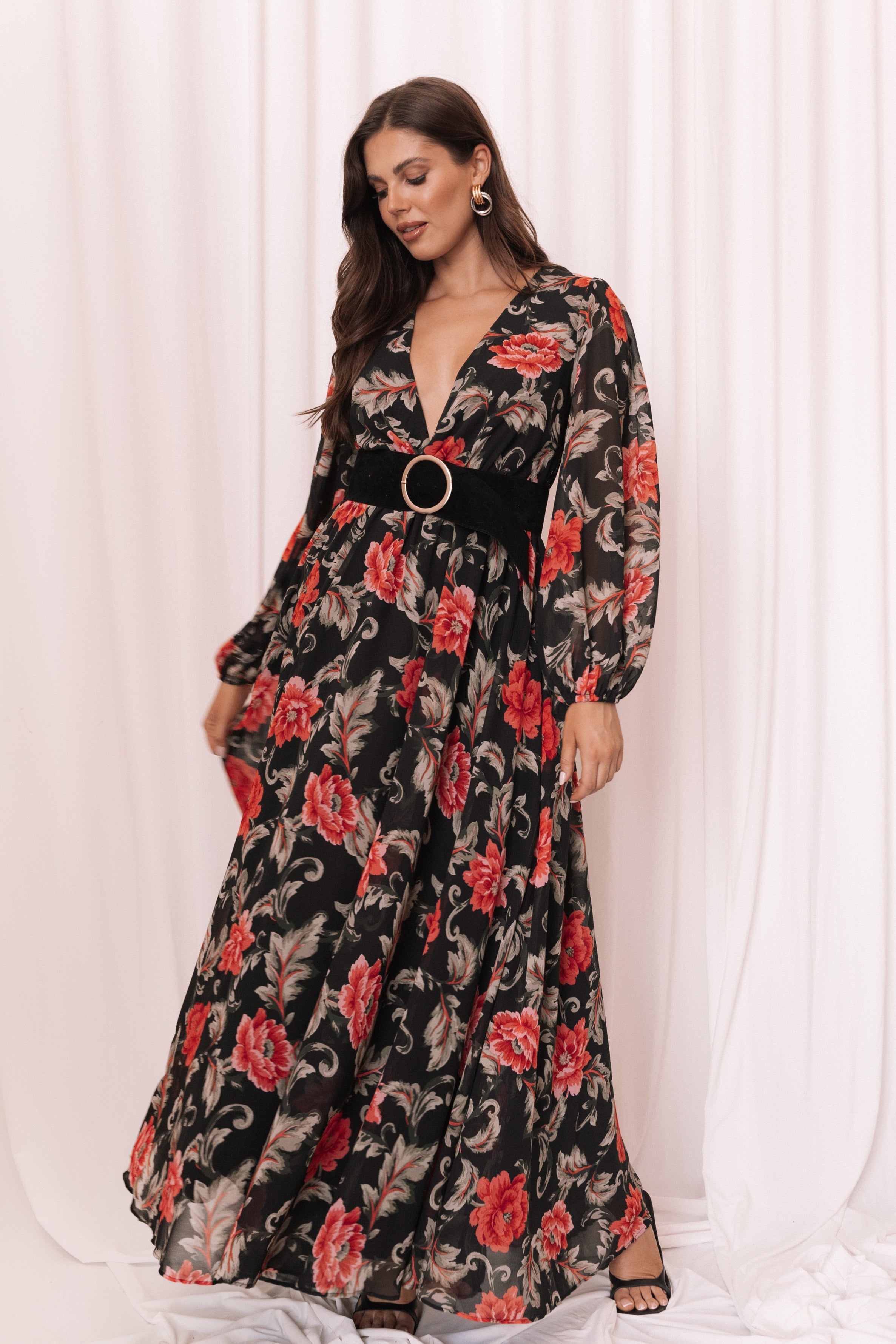 Black Floral Maxi Dress with V Neckline & Sheer Sleeves - Anisa