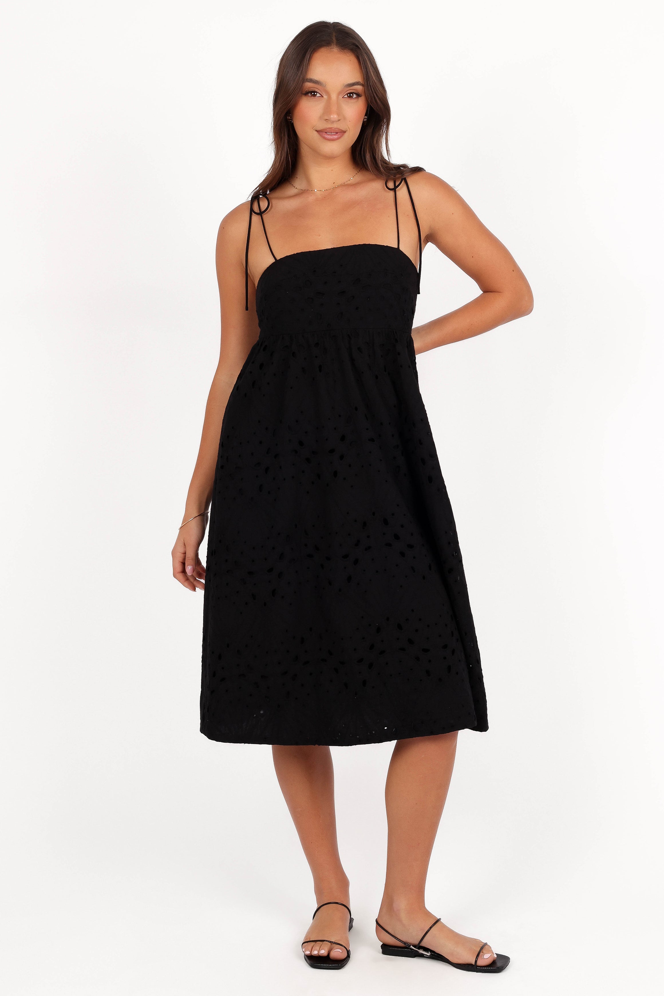 Sevara Black Midi Dress - Baby Doll Style with Square Neckline