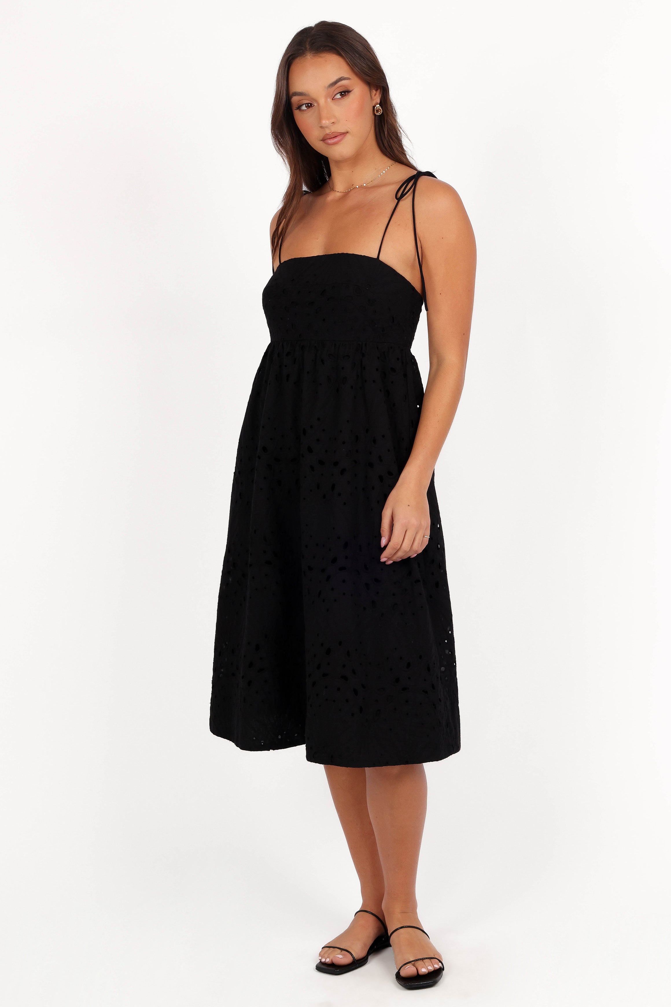 Sevara Black Midi Dress - Baby Doll Style with Square Neckline