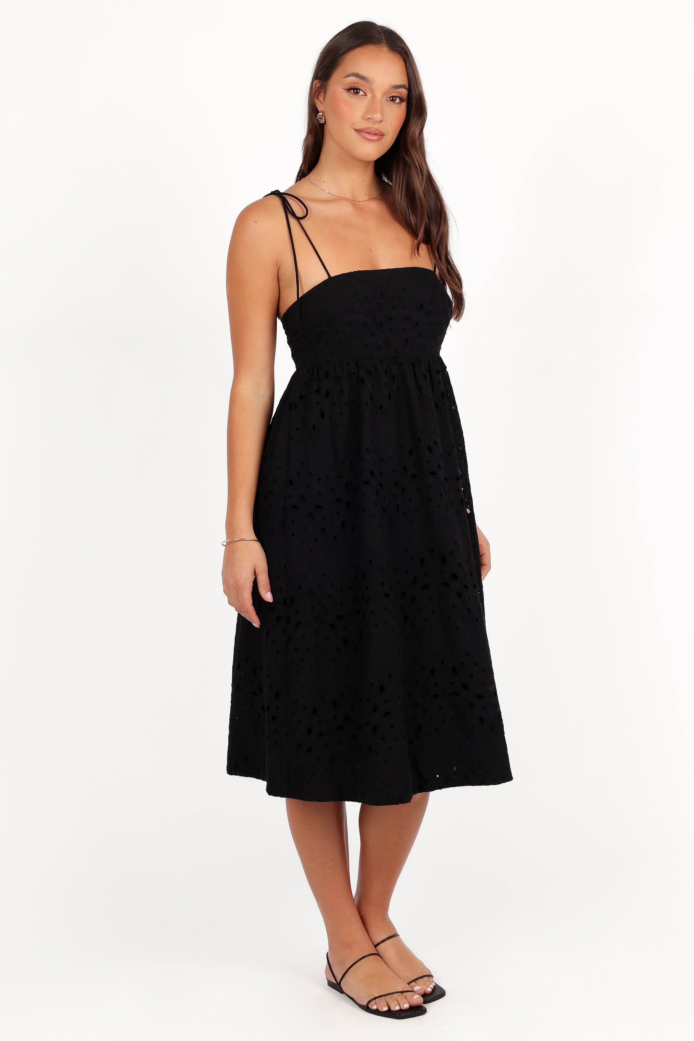 Sevara Black Midi Dress - Baby Doll Style with Square Neckline