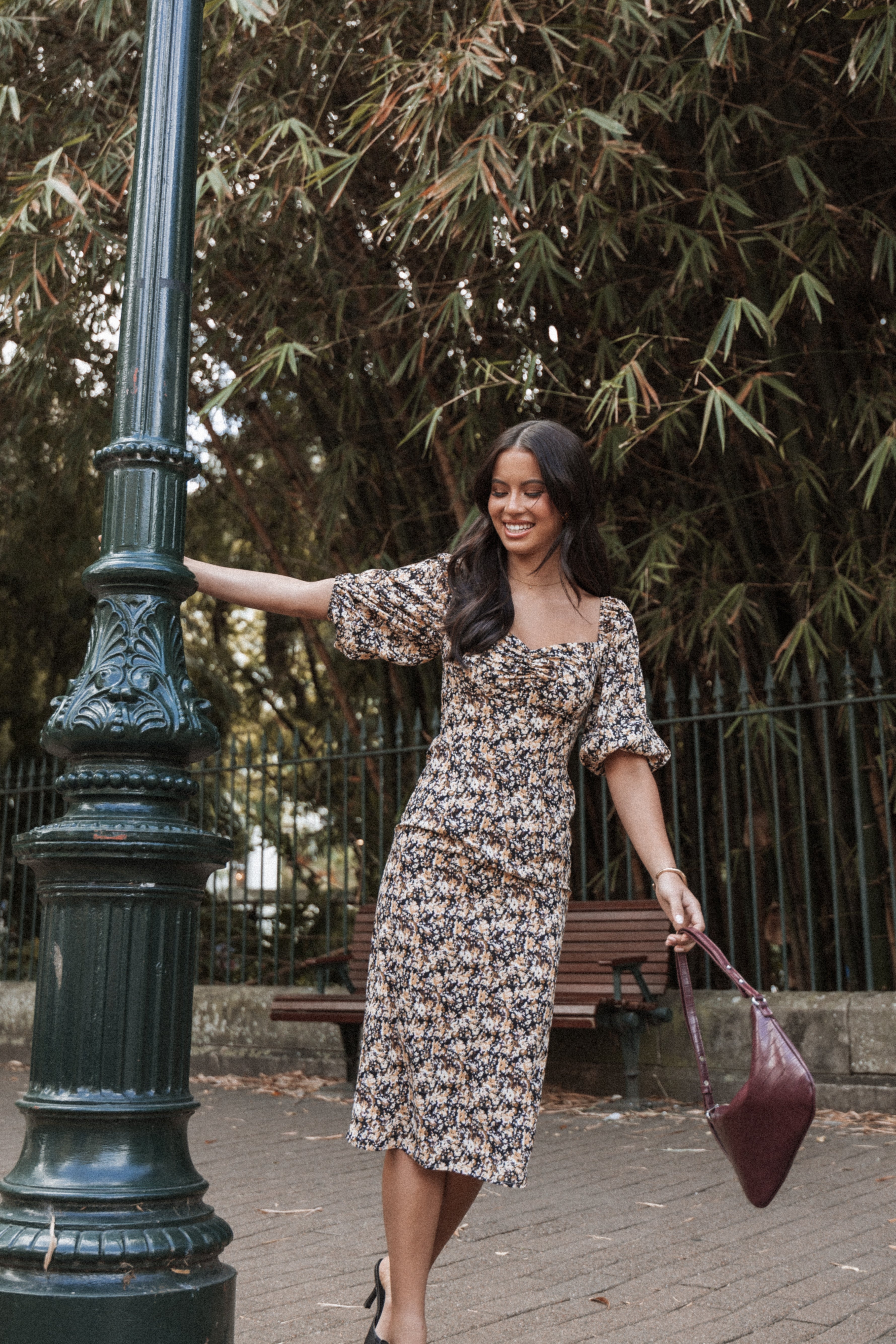 Black Floral Midi Dress with Sweetheart Neckline & Ruching
