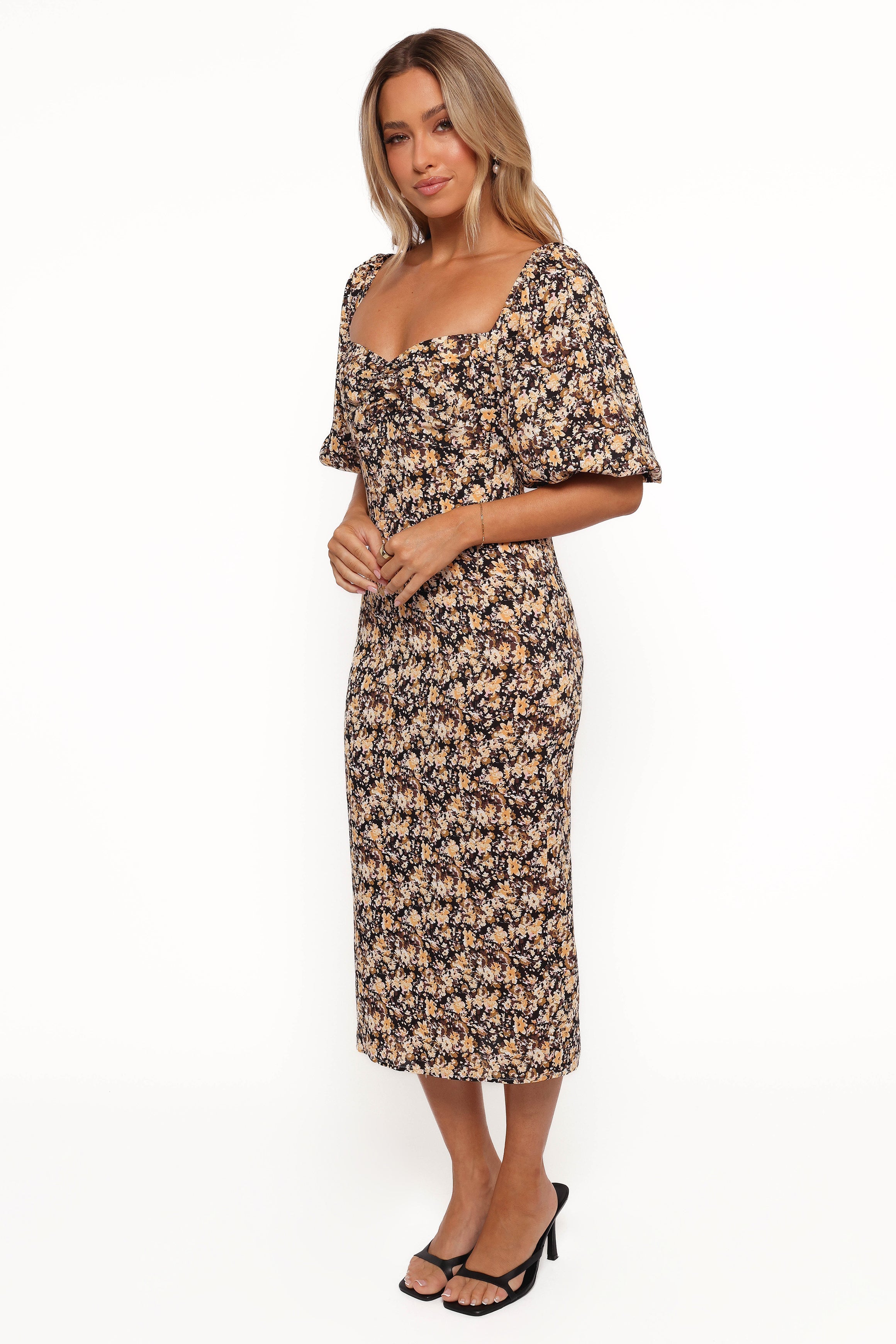 Black Floral Midi Dress with Sweetheart Neckline & Ruching