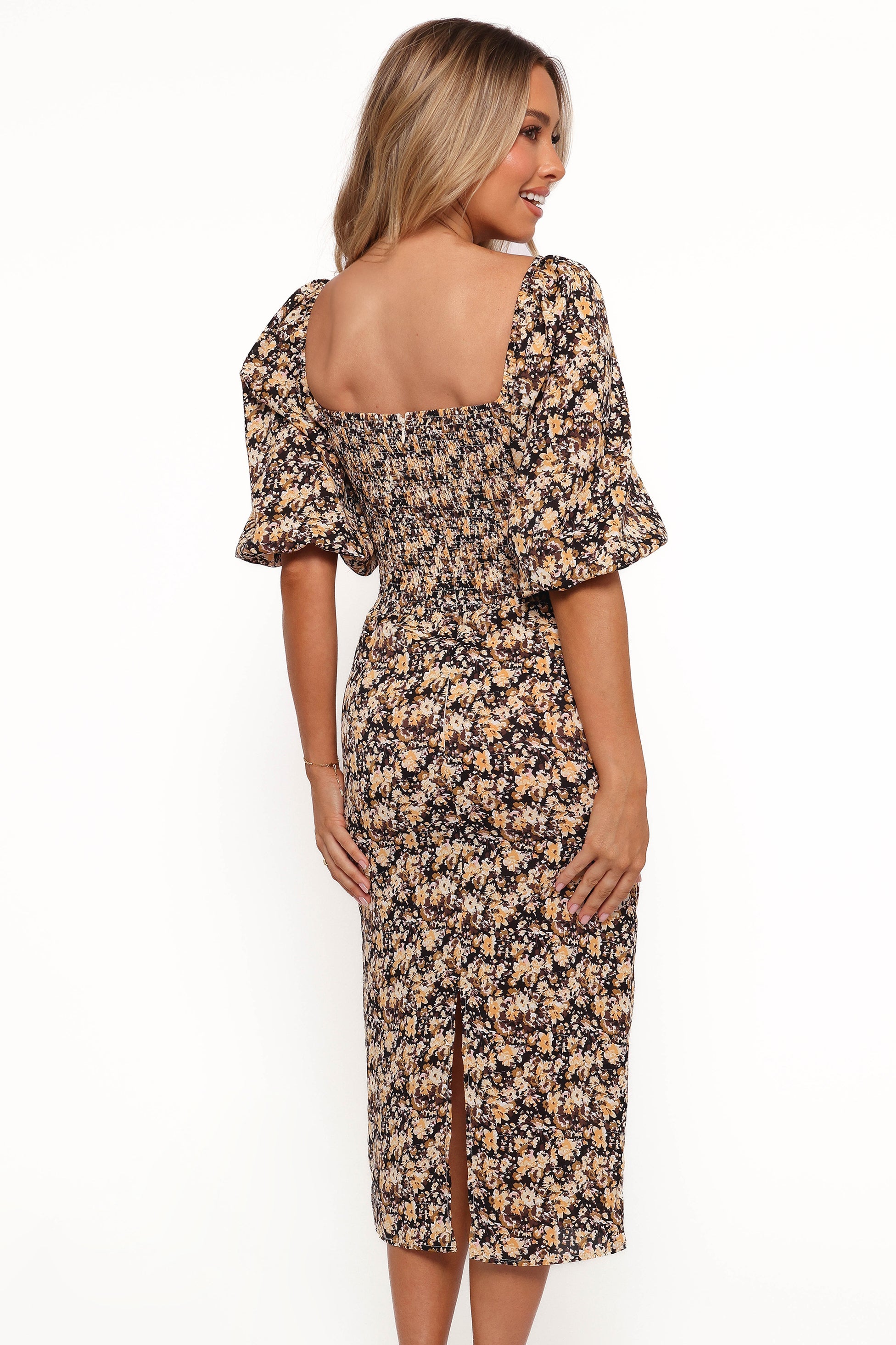 Black Floral Midi Dress with Sweetheart Neckline & Ruching