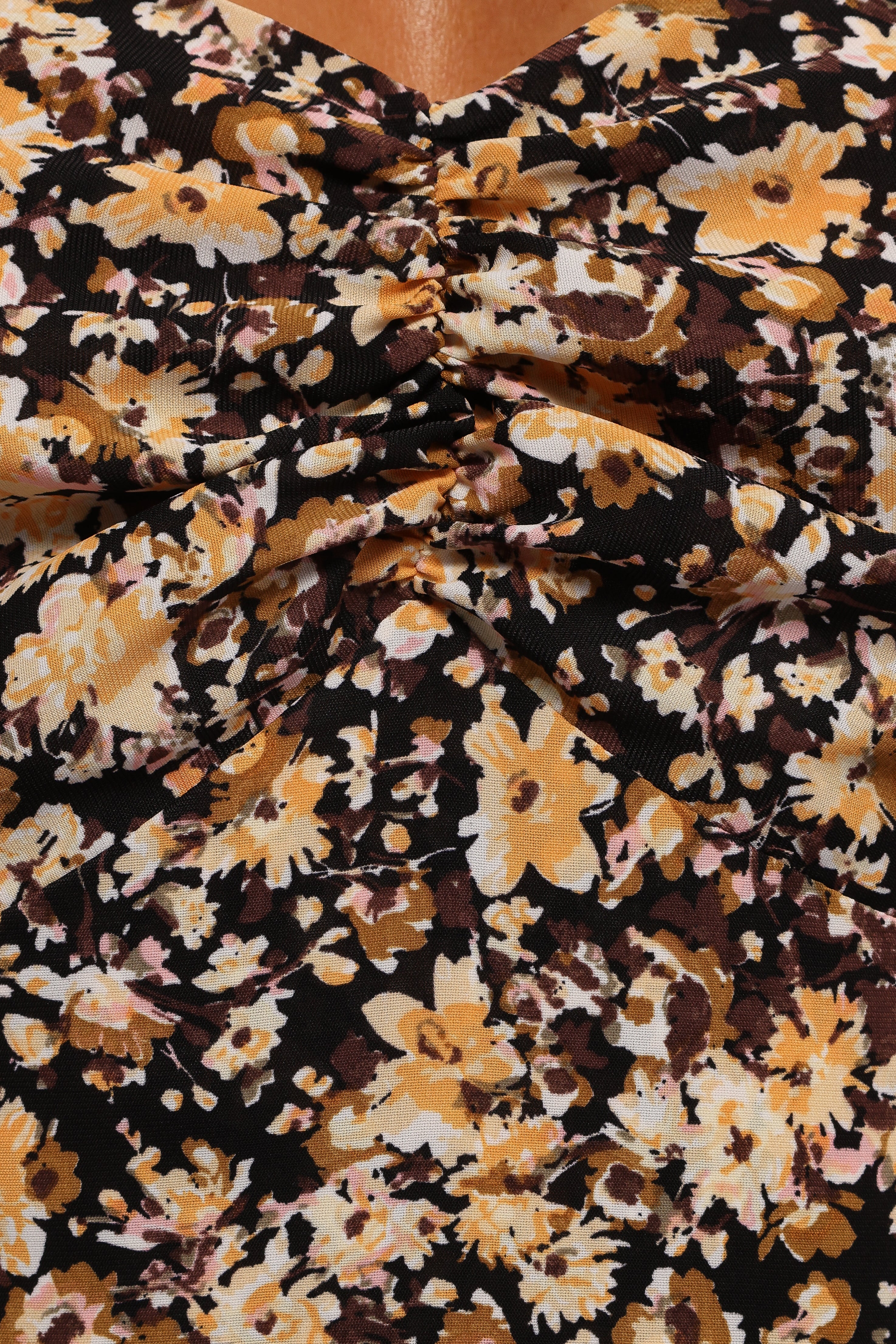 Black Floral Midi Dress with Sweetheart Neckline & Ruching