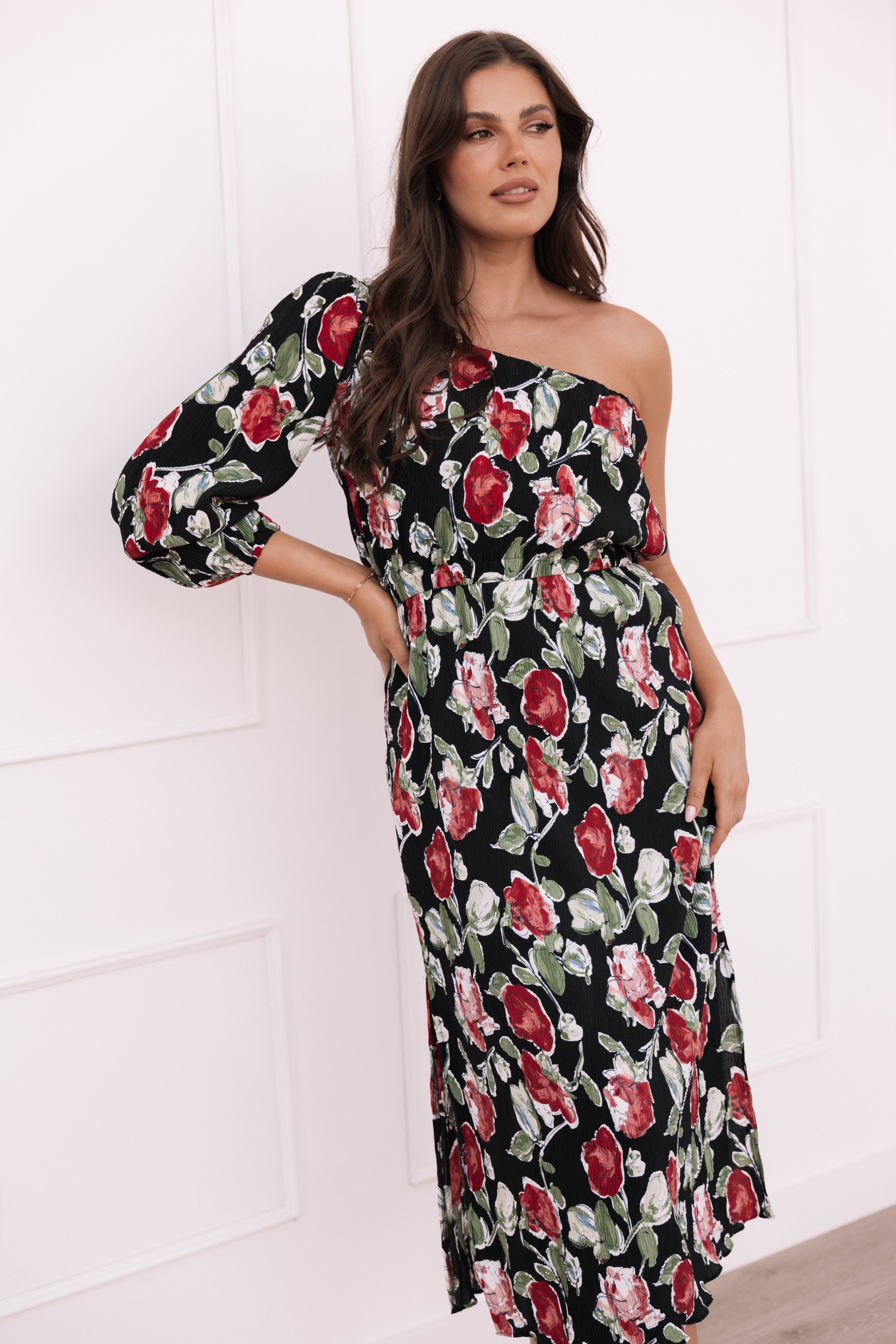 One Shoulder Pleated Midi Dress - Black Rose Floral Print