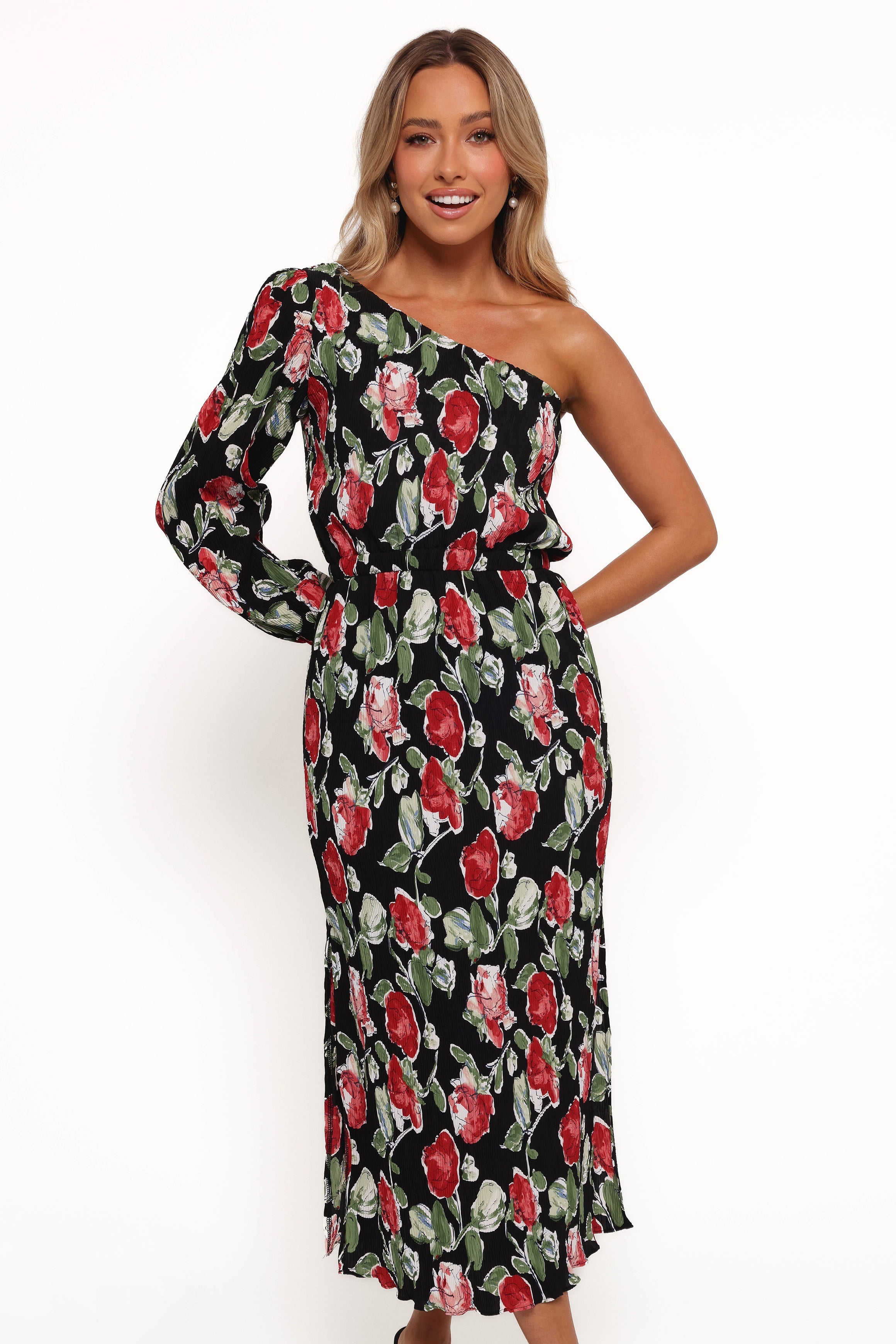 One Shoulder Pleated Midi Dress - Black Rose Floral Print