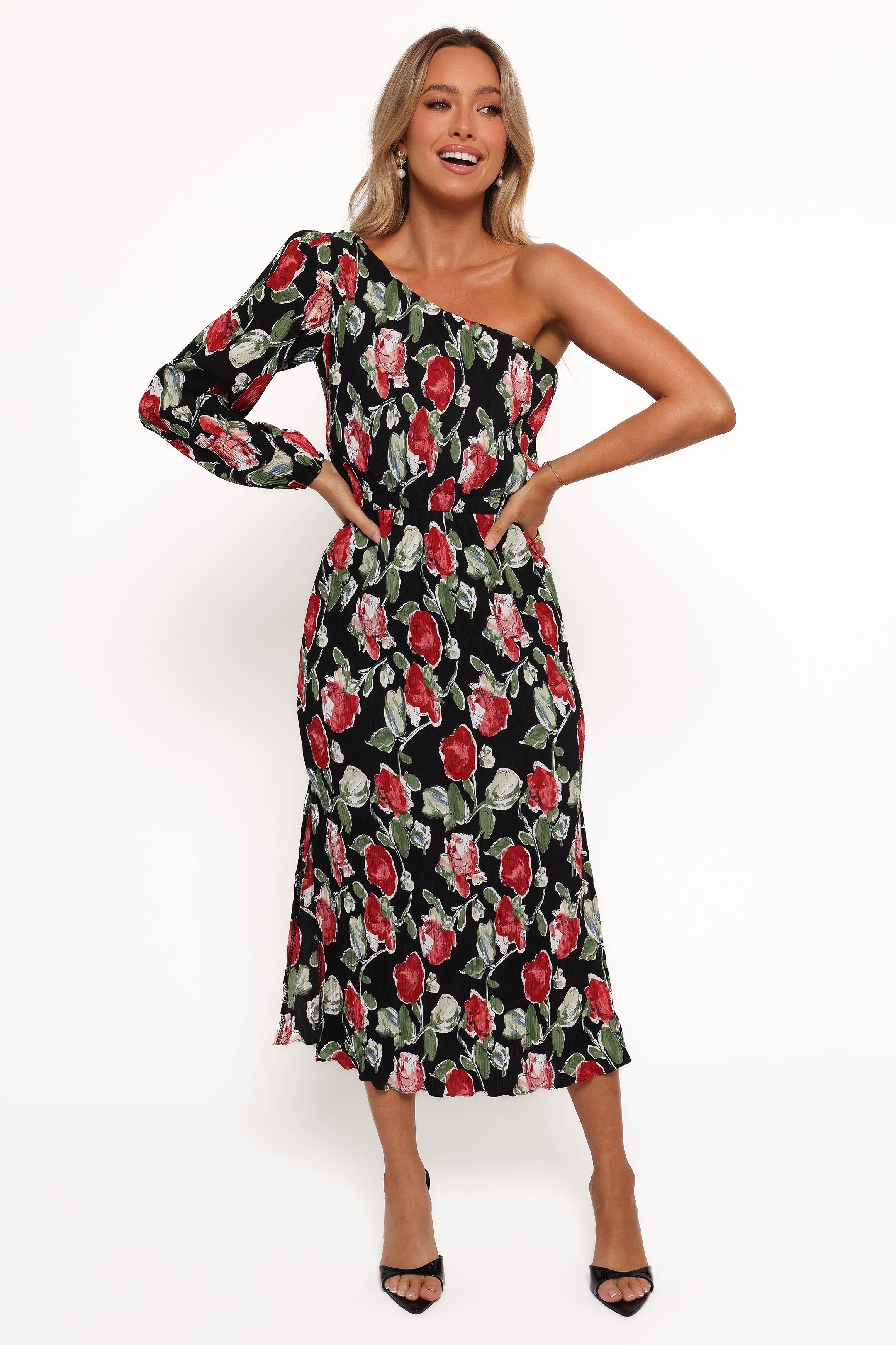 One Shoulder Pleated Midi Dress - Black Rose Floral Print