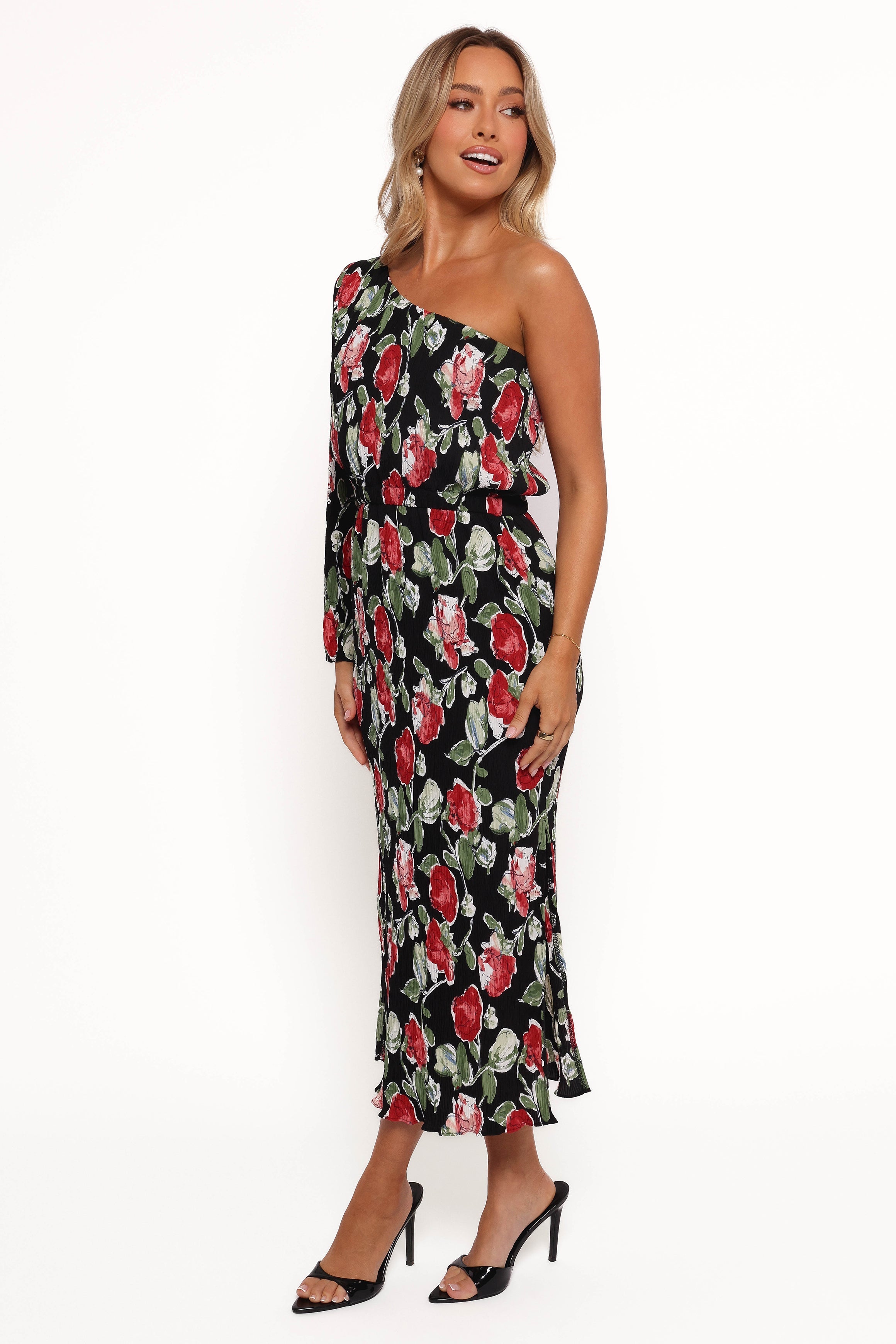 One Shoulder Pleated Midi Dress - Black Rose Floral Print