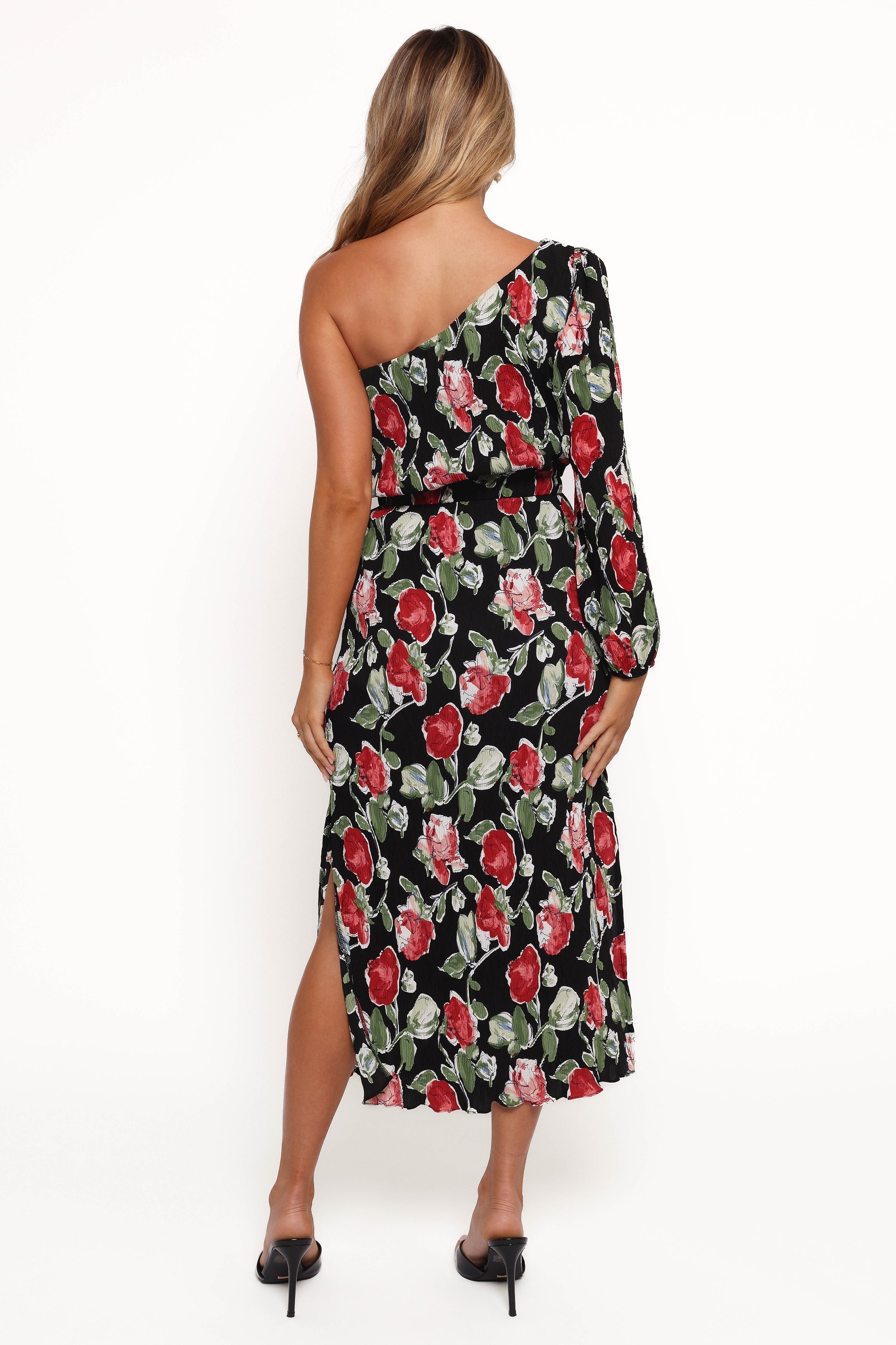 One Shoulder Pleated Midi Dress - Black Rose Floral Print