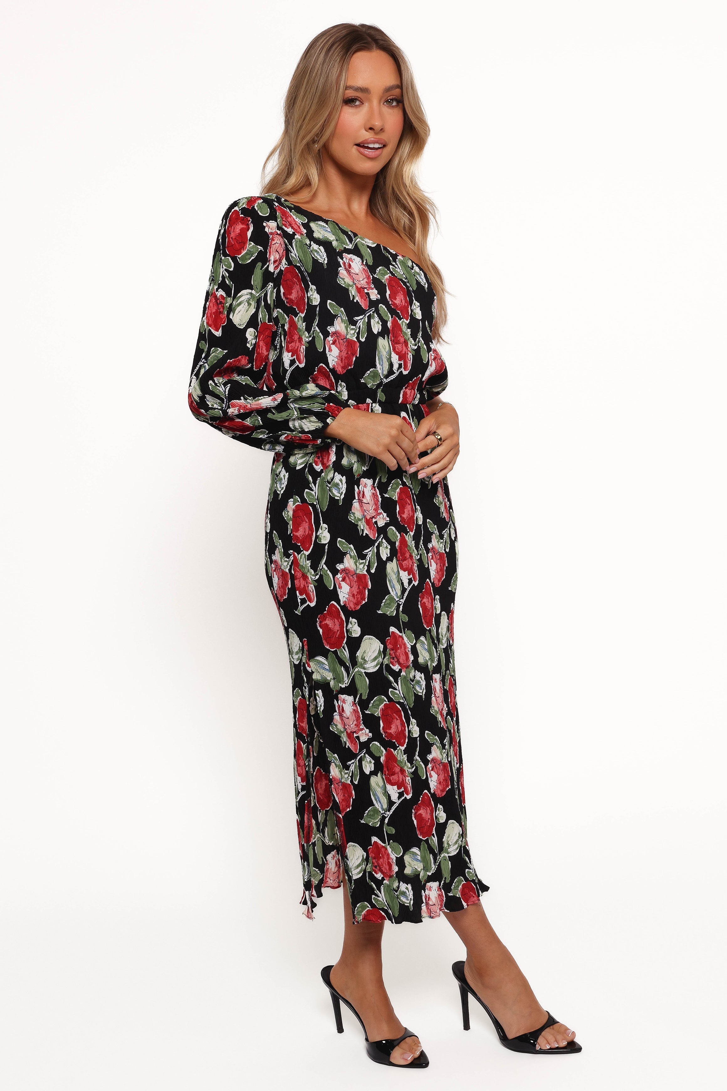 One Shoulder Pleated Midi Dress - Black Rose Floral Print