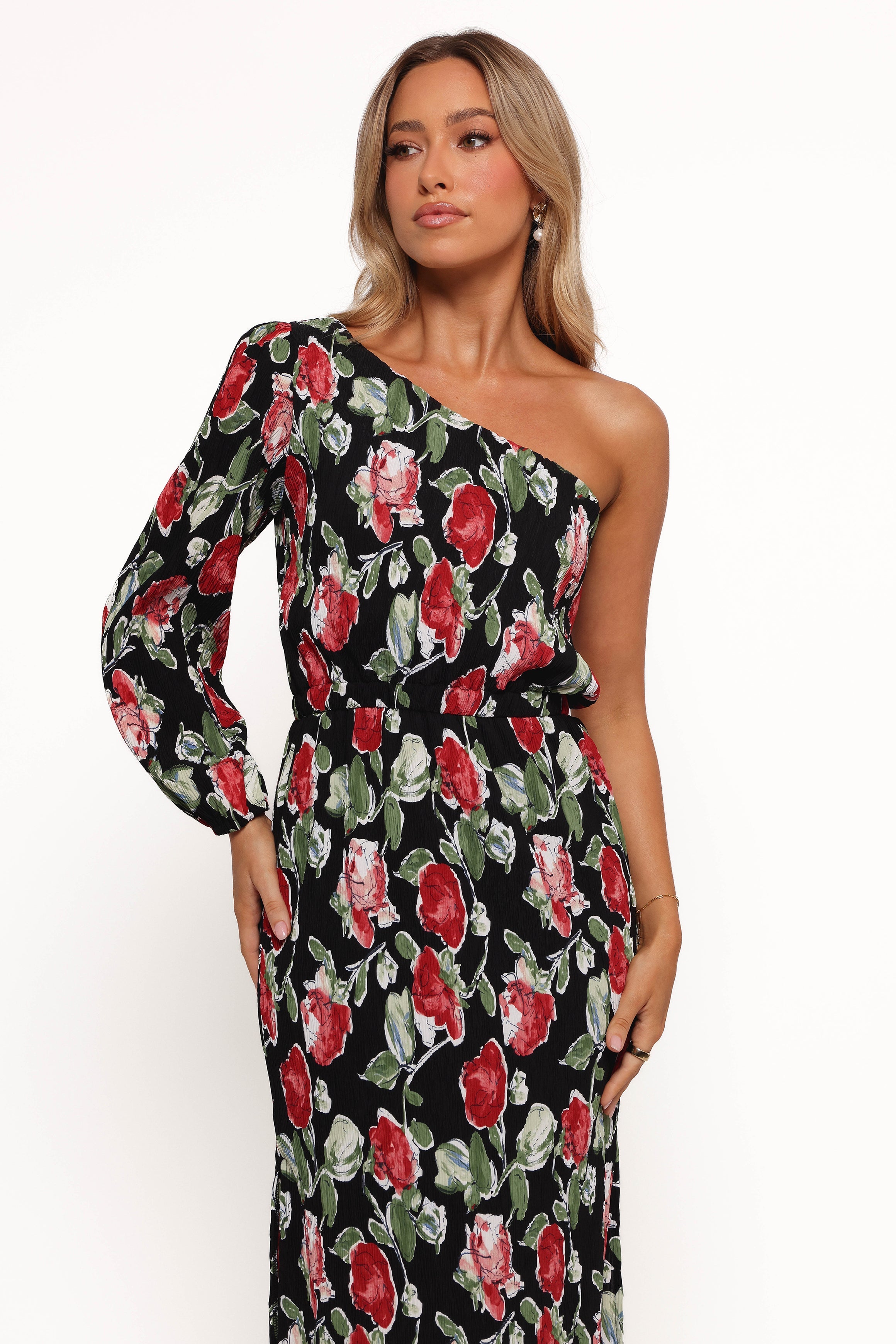 One Shoulder Pleated Midi Dress - Black Rose Floral Print