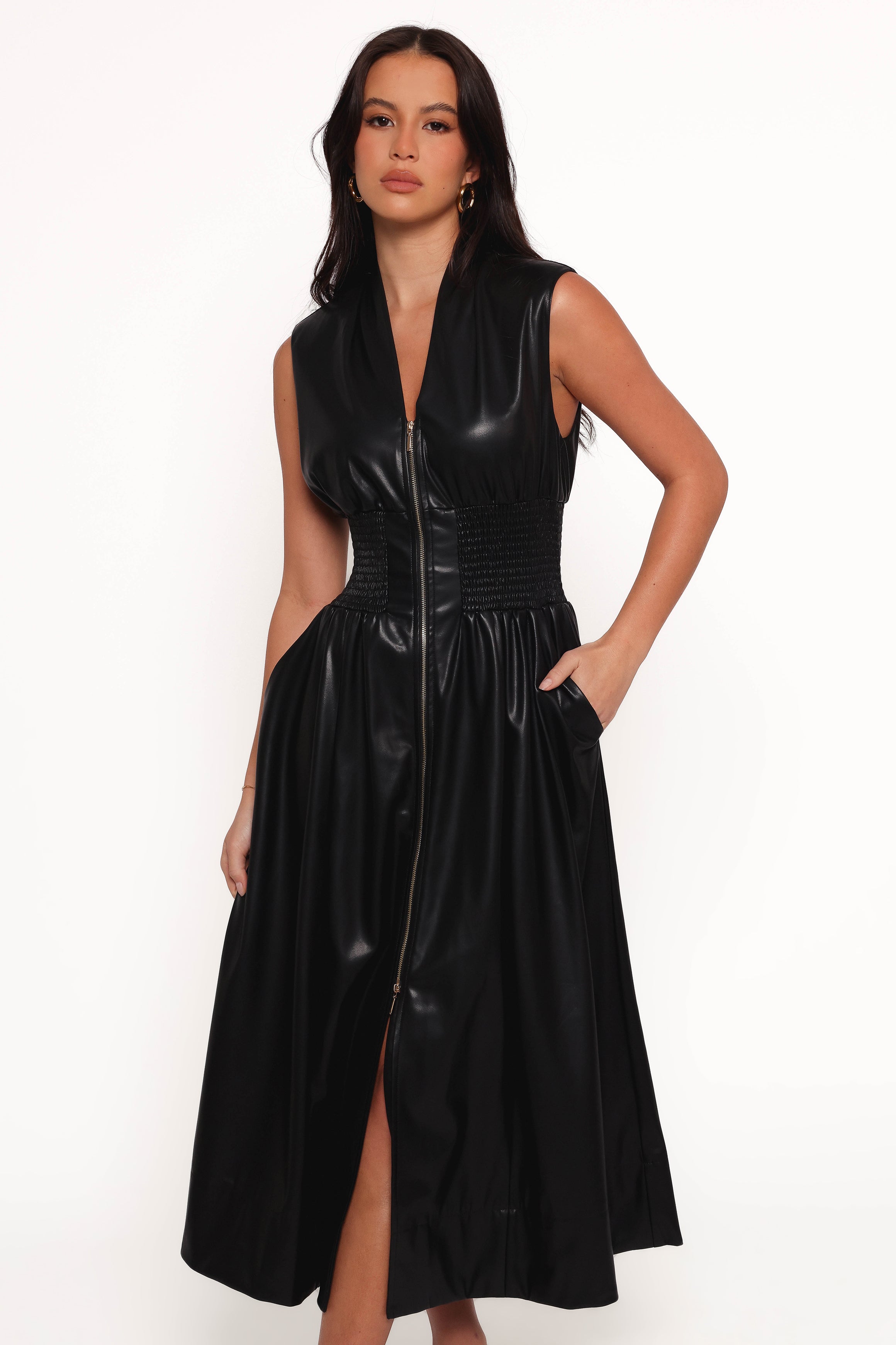 Lizzi Black Faux Leather Midi Dress - V Neck, Sleeveless, Pockets