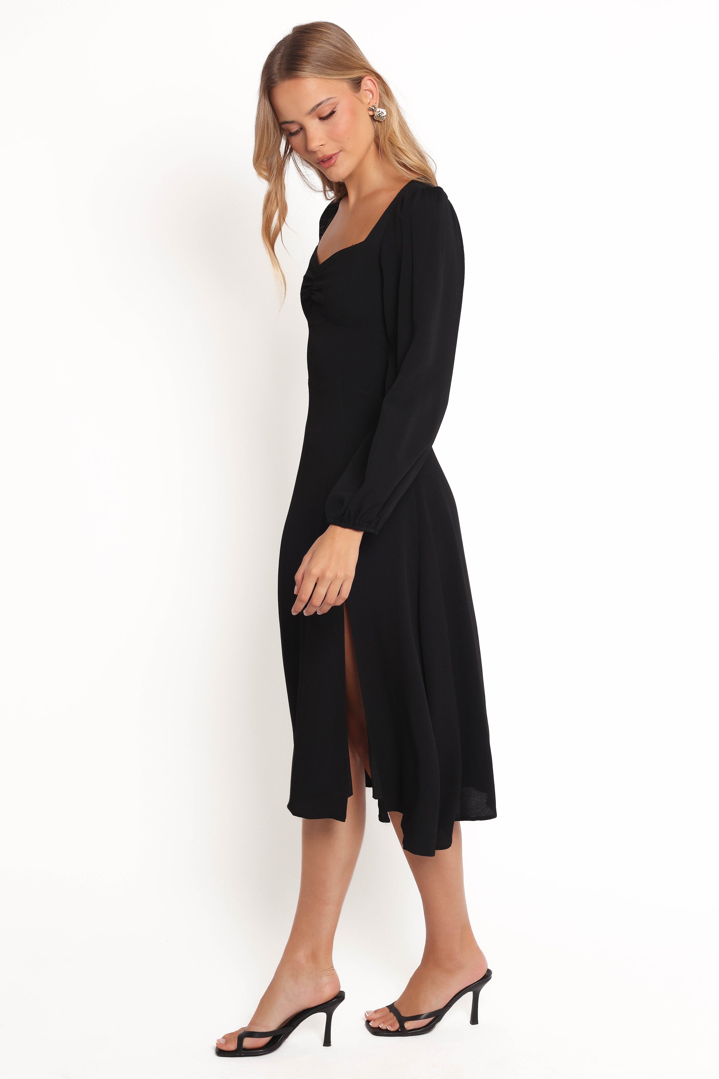 Franklin Black Long Sleeve Midi Dress with Sweetheart Neckline