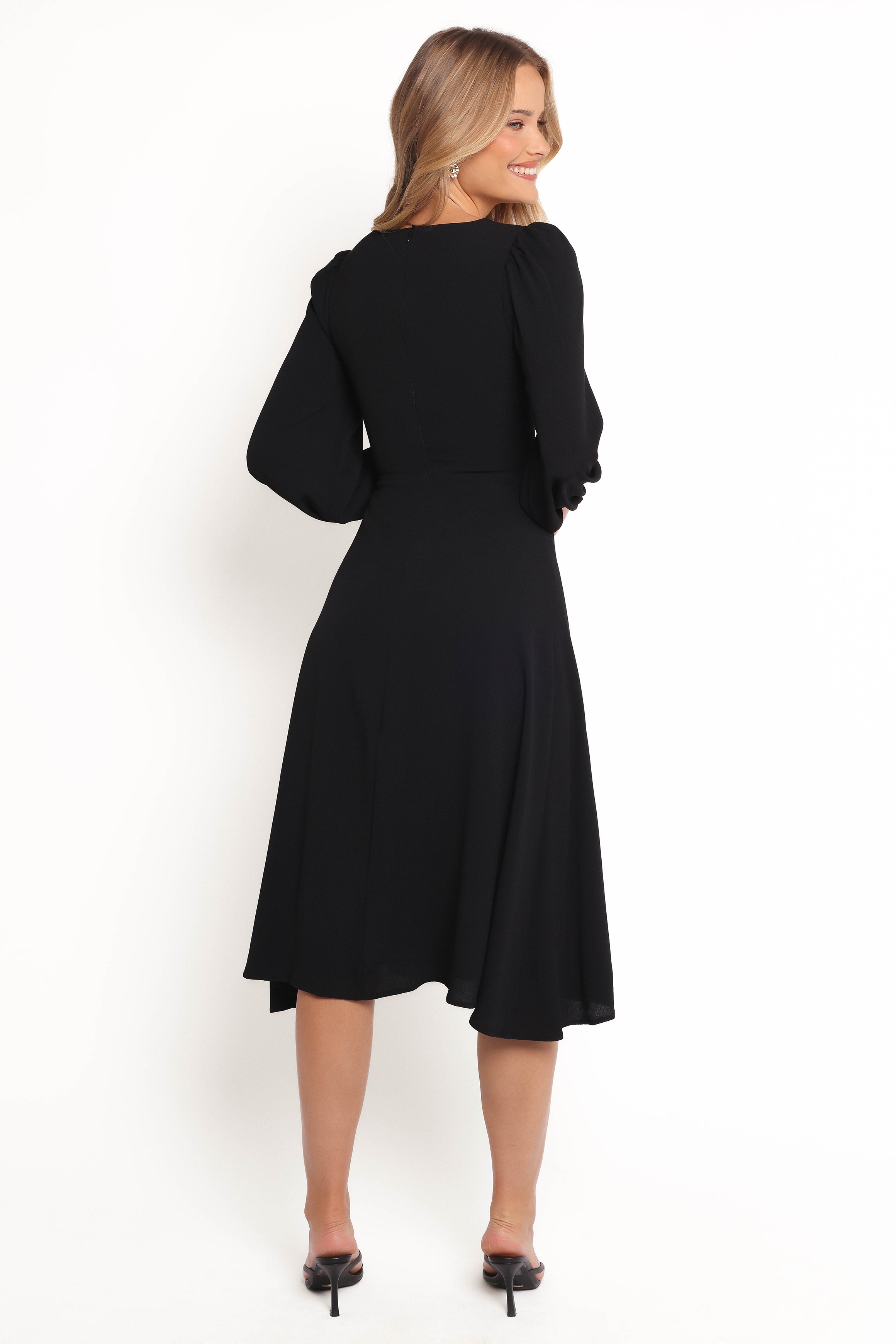 Franklin Black Long Sleeve Midi Dress with Sweetheart Neckline