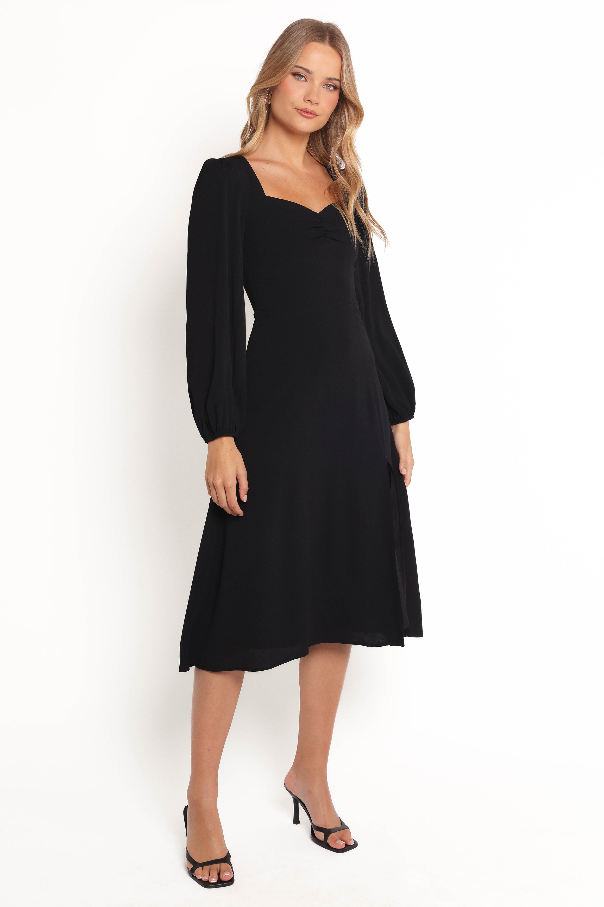 Franklin Black Long Sleeve Midi Dress with Sweetheart Neckline
