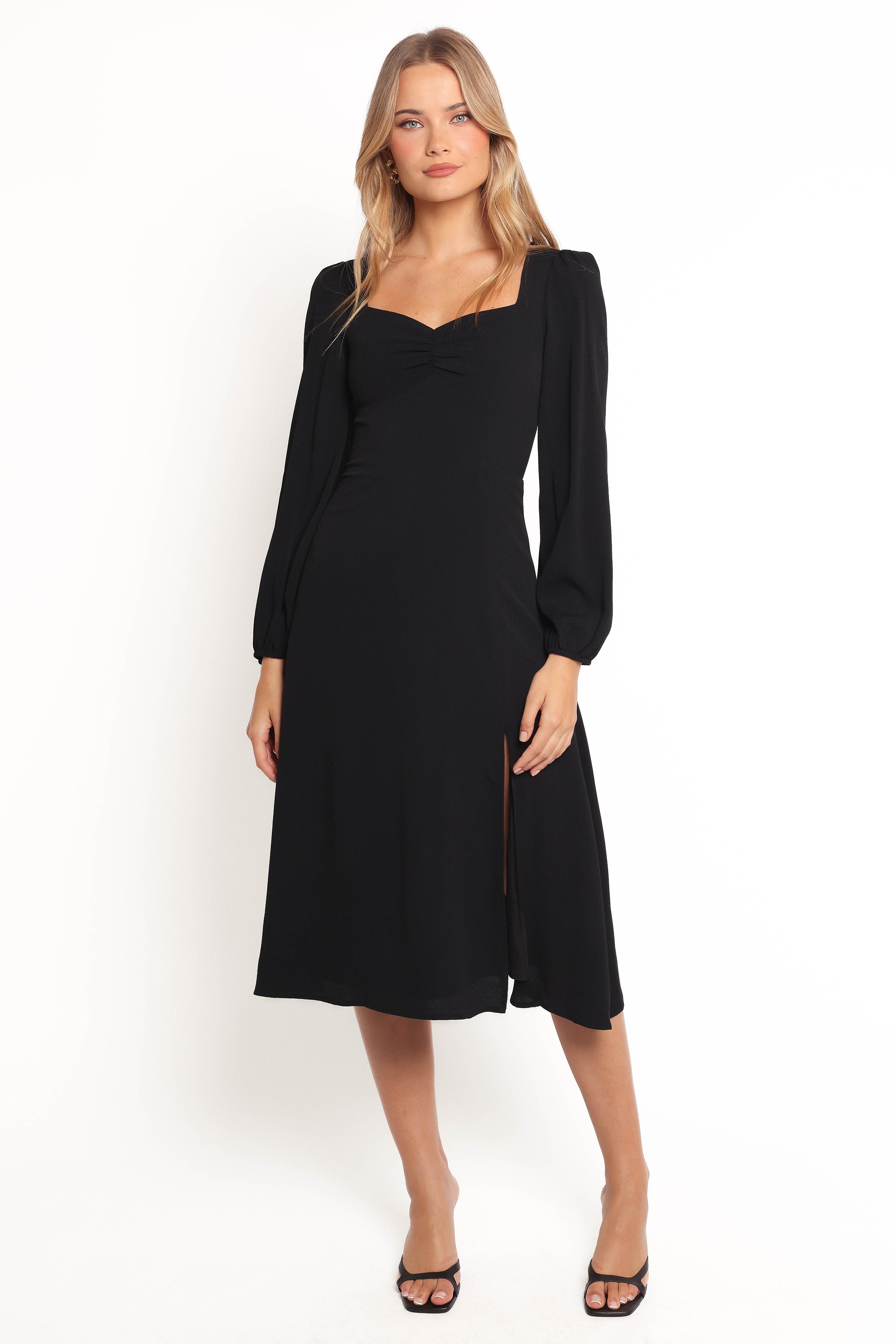 Franklin Black Long Sleeve Midi Dress with Sweetheart Neckline
