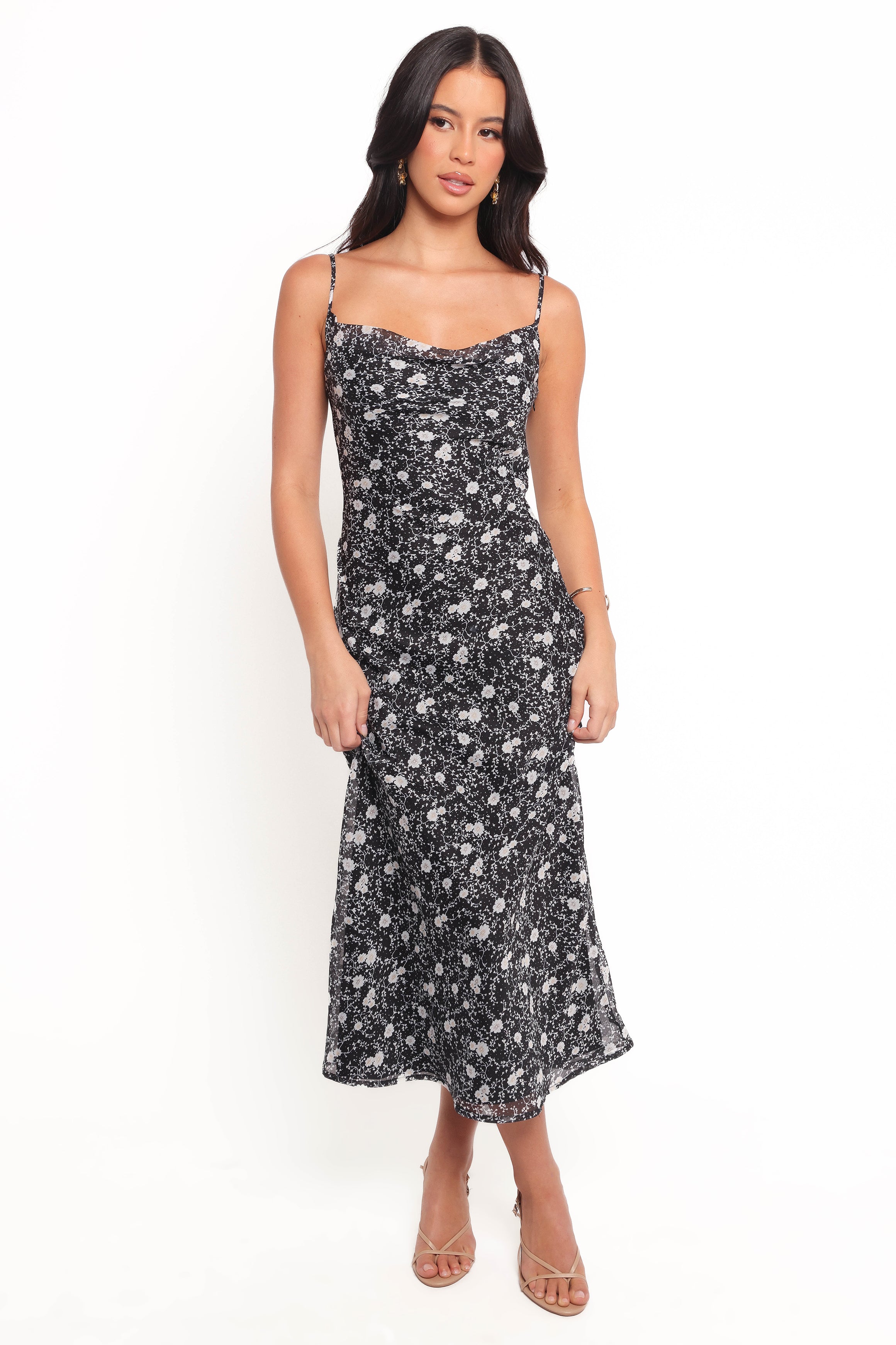 Elka Floral Midi Dress with Cowl Neck & Adjustable Straps
