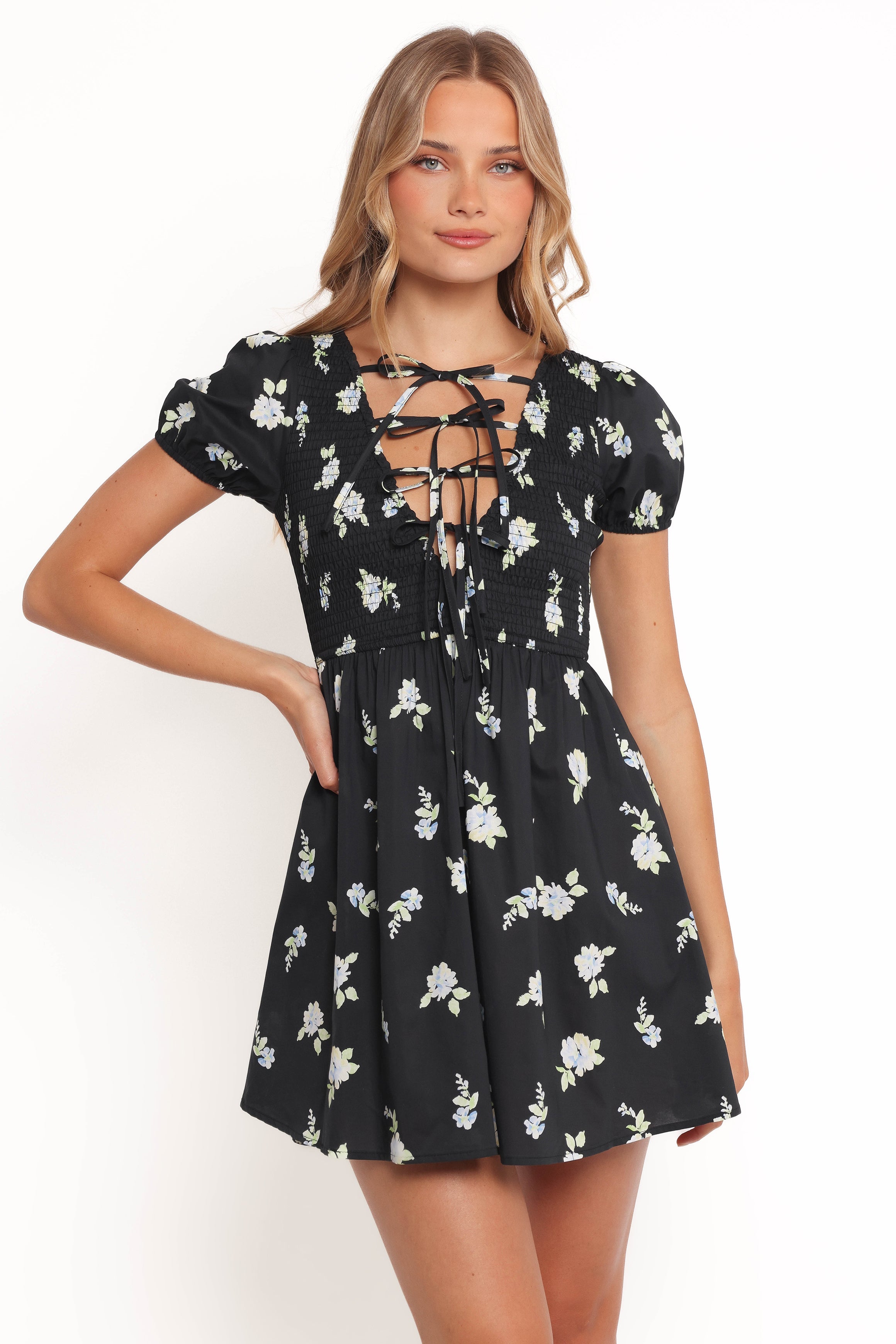 Winny Floral Mini Dress - Navy Cotton V-Neck Summer Dress