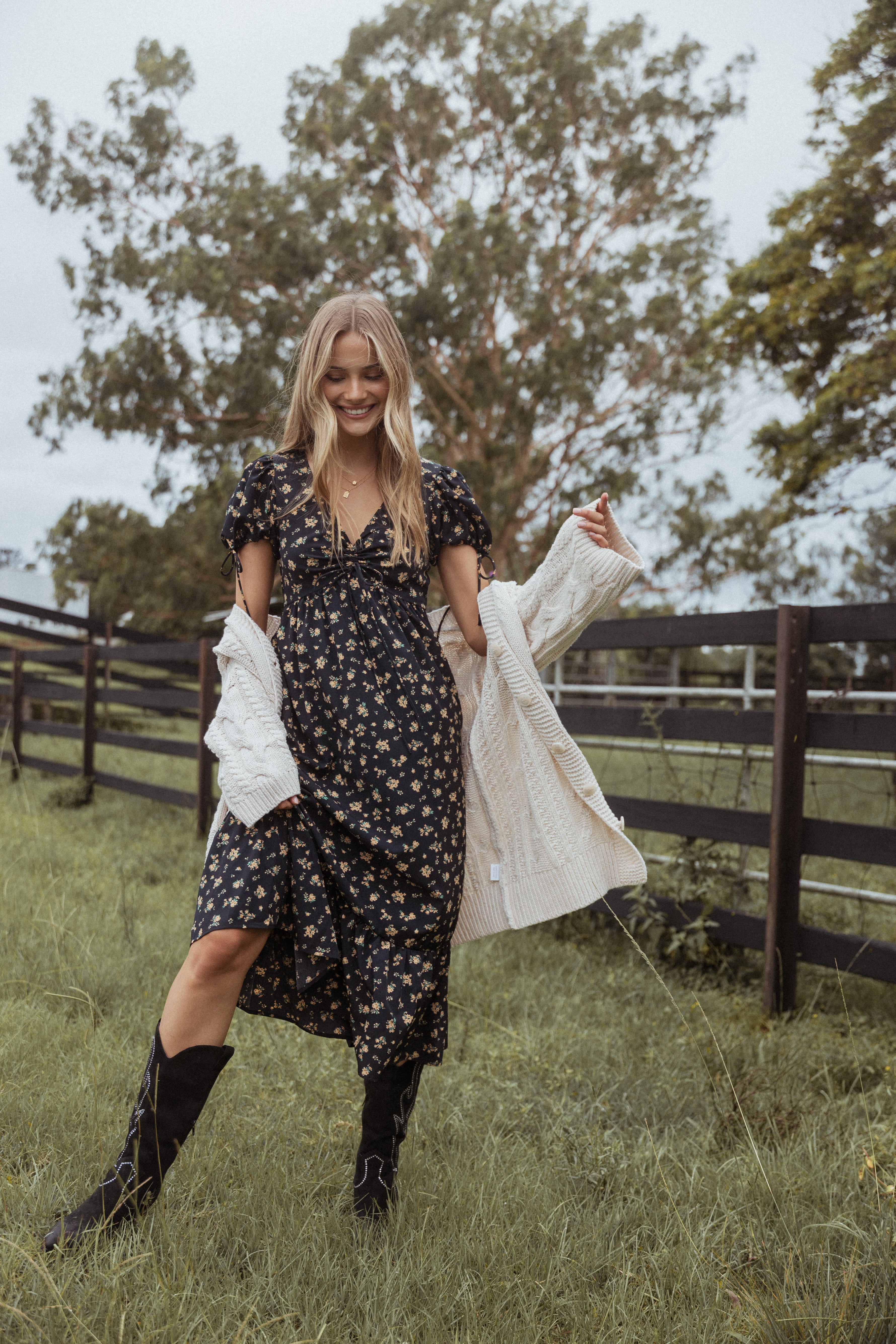 Zina Black Floral Maxi Dress with V Neck & Puff Sleeves
