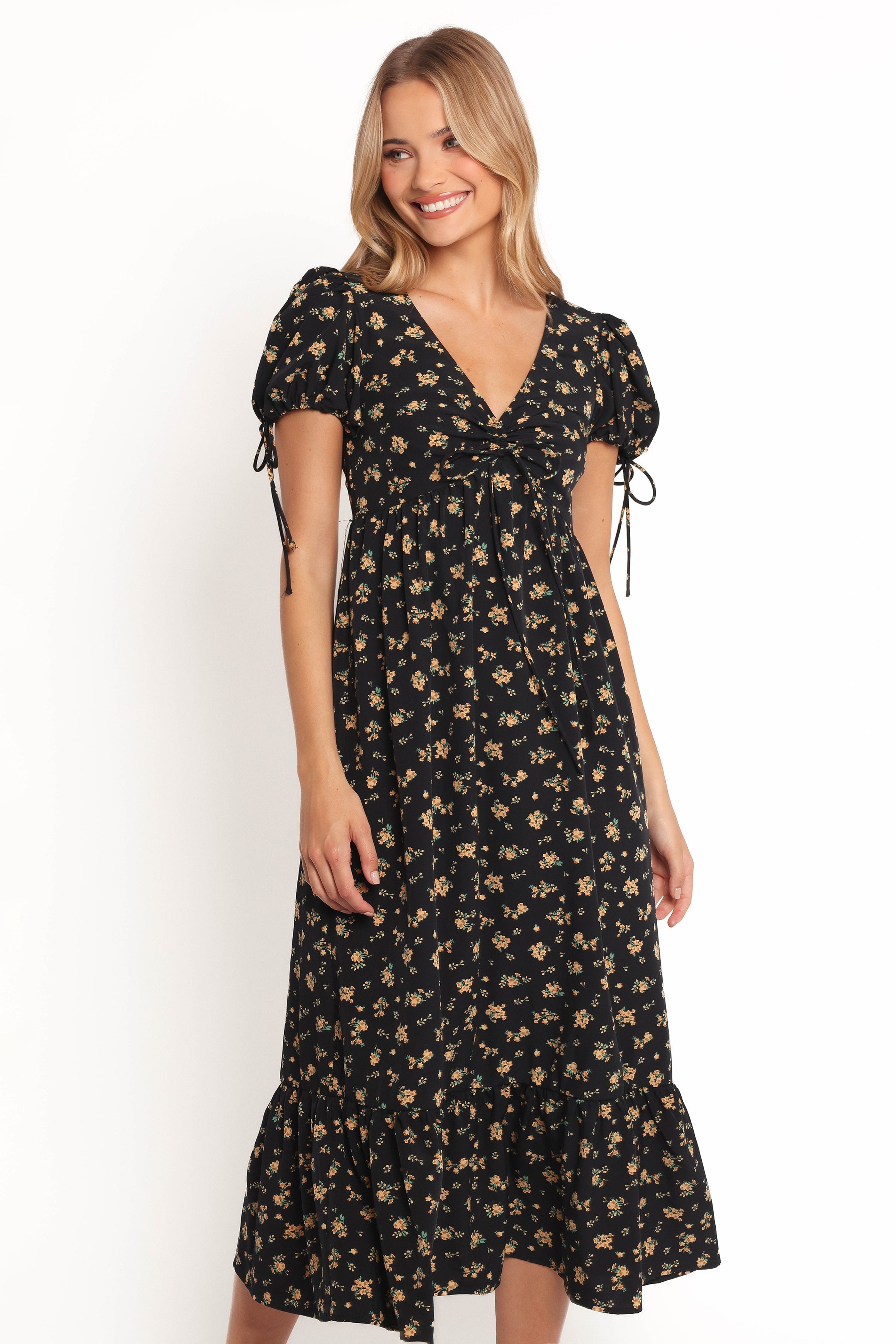 Zina Black Floral Maxi Dress with V Neck & Puff Sleeves