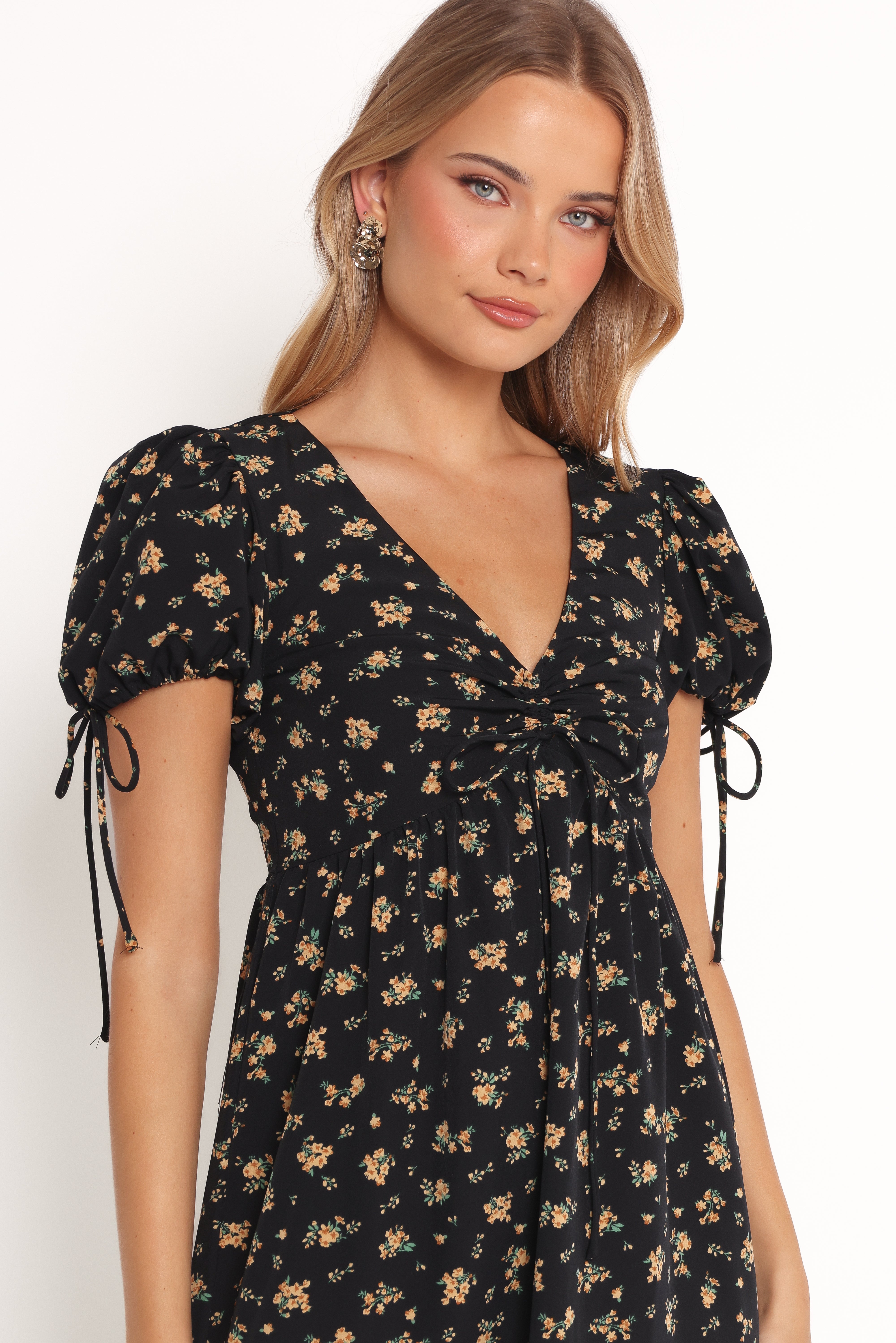 Zina Black Floral Maxi Dress with V Neck & Puff Sleeves