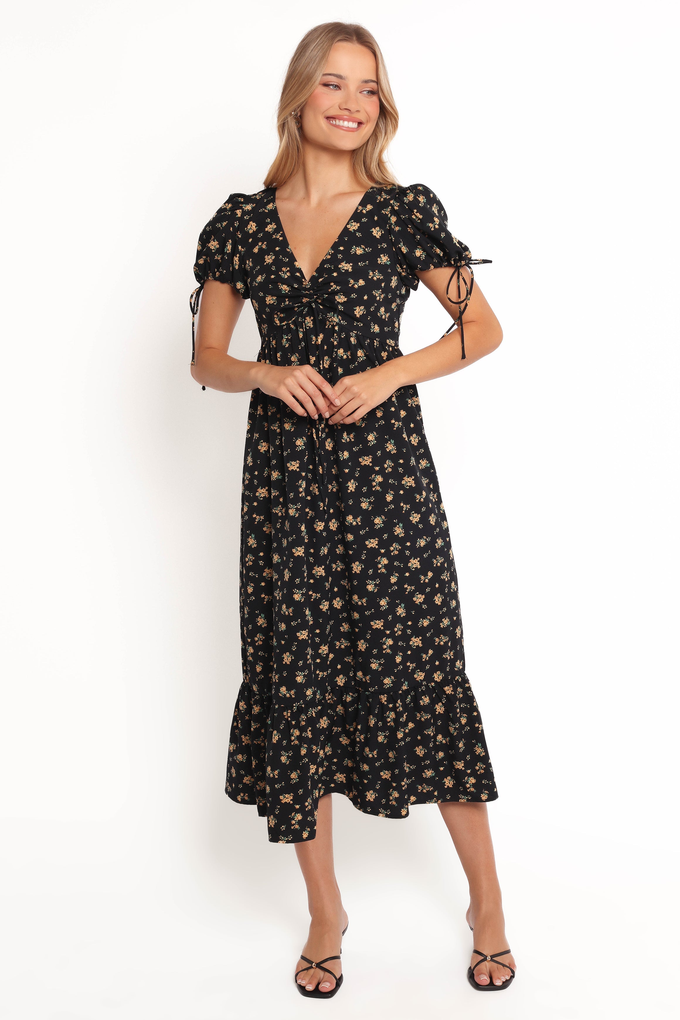Zina Black Floral Maxi Dress with V Neck & Puff Sleeves