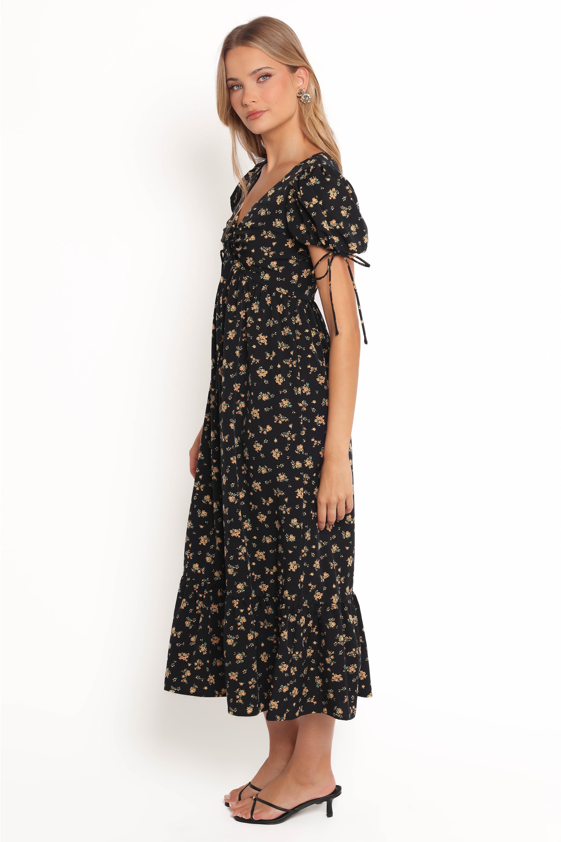 Zina Black Floral Maxi Dress with V Neck & Puff Sleeves