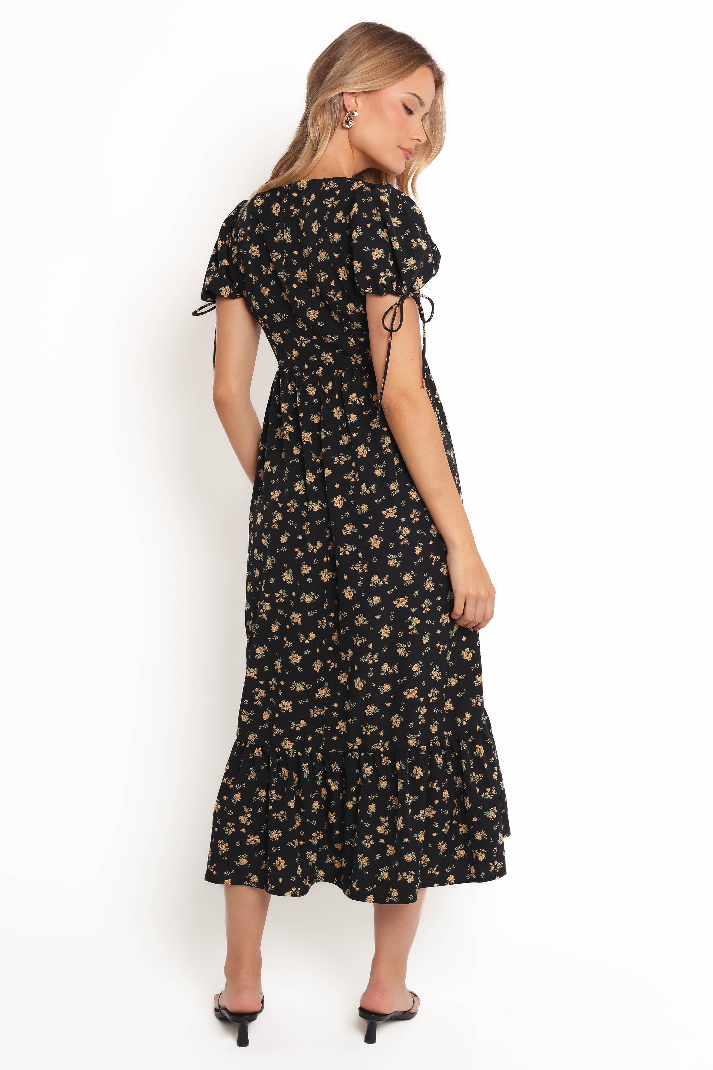 Zina Black Floral Maxi Dress with V Neck & Puff Sleeves
