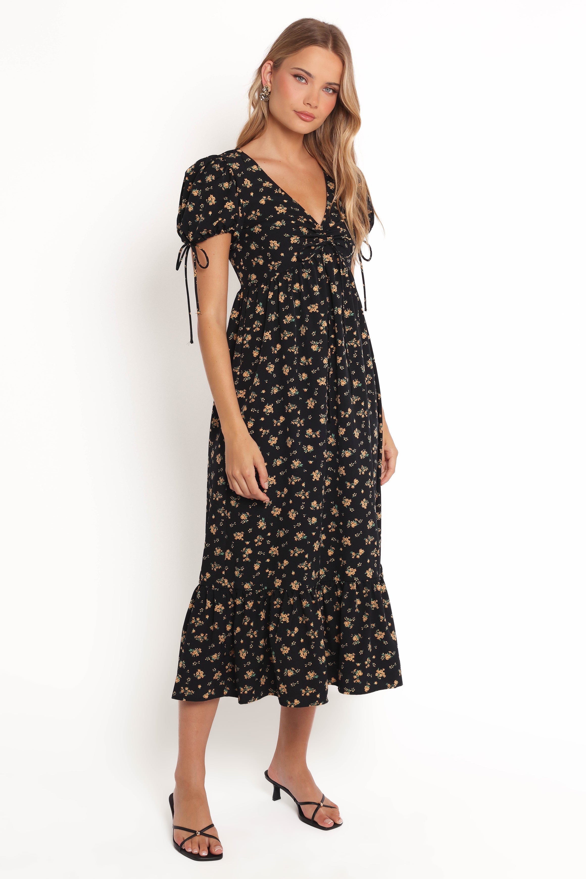 Zina Black Floral Maxi Dress with V Neck & Puff Sleeves