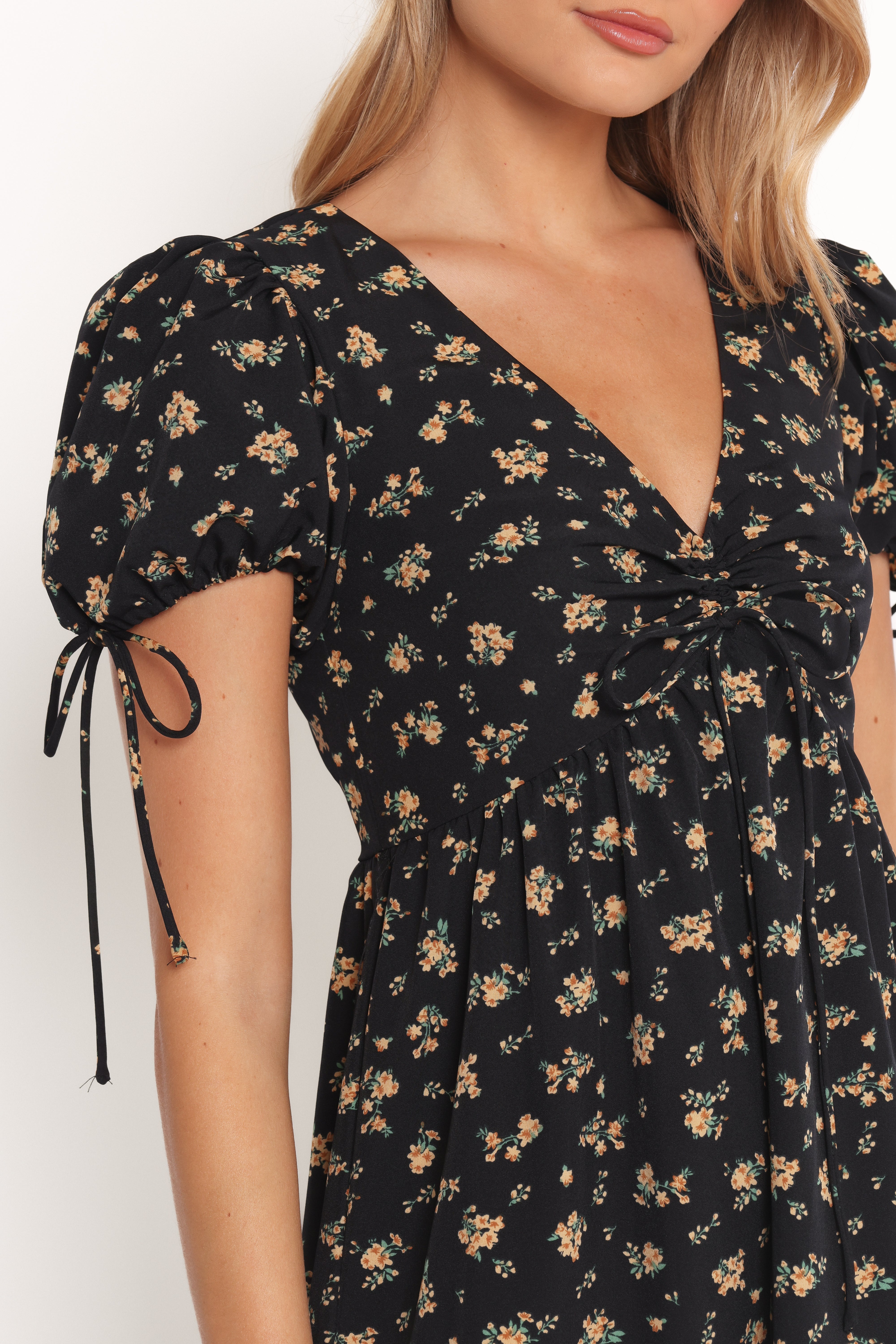 Zina Black Floral Maxi Dress with V Neck & Puff Sleeves