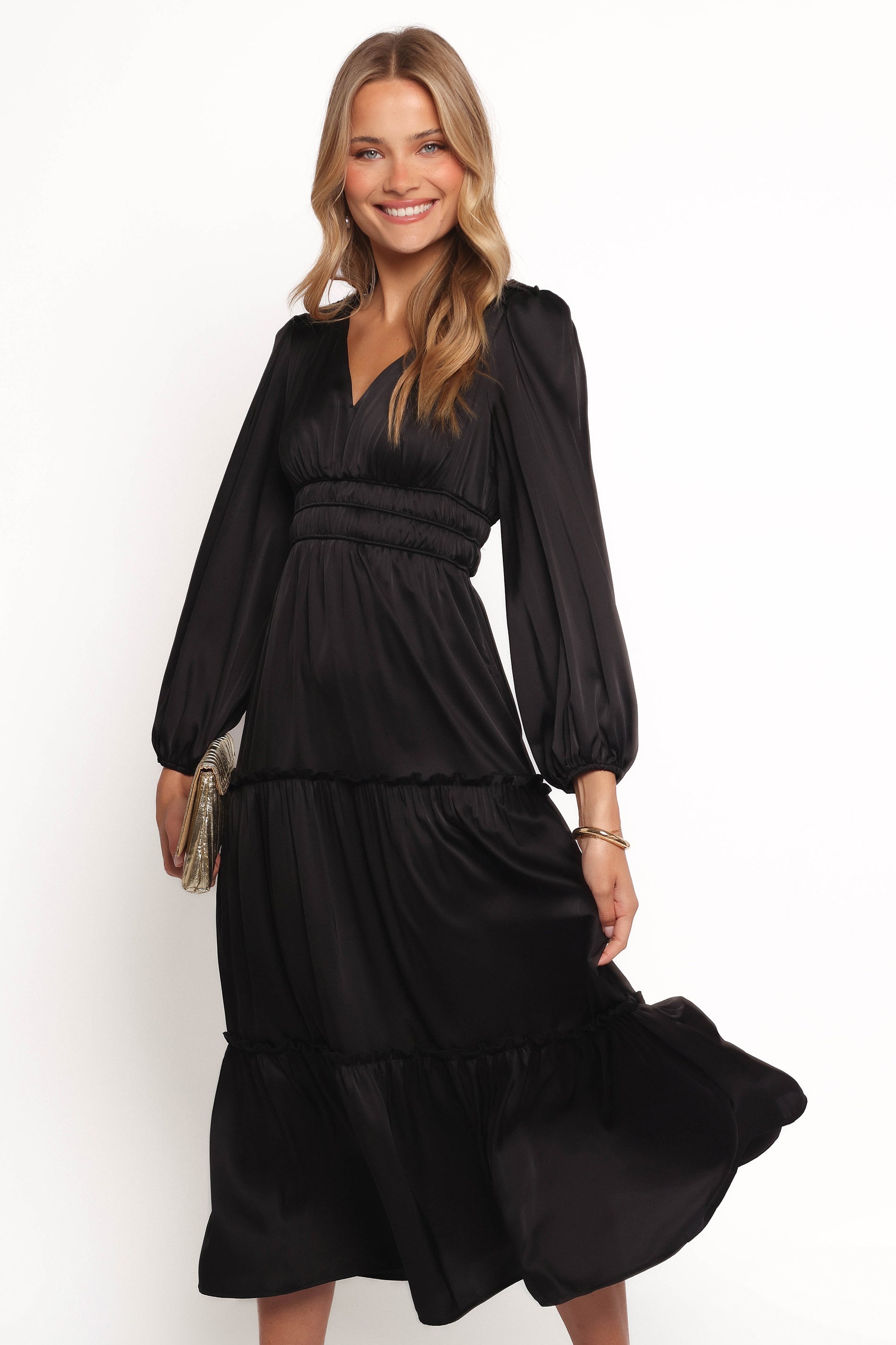 Rowen Black V-Neck Long Sleeve Maxi Dress with Elastic Waist