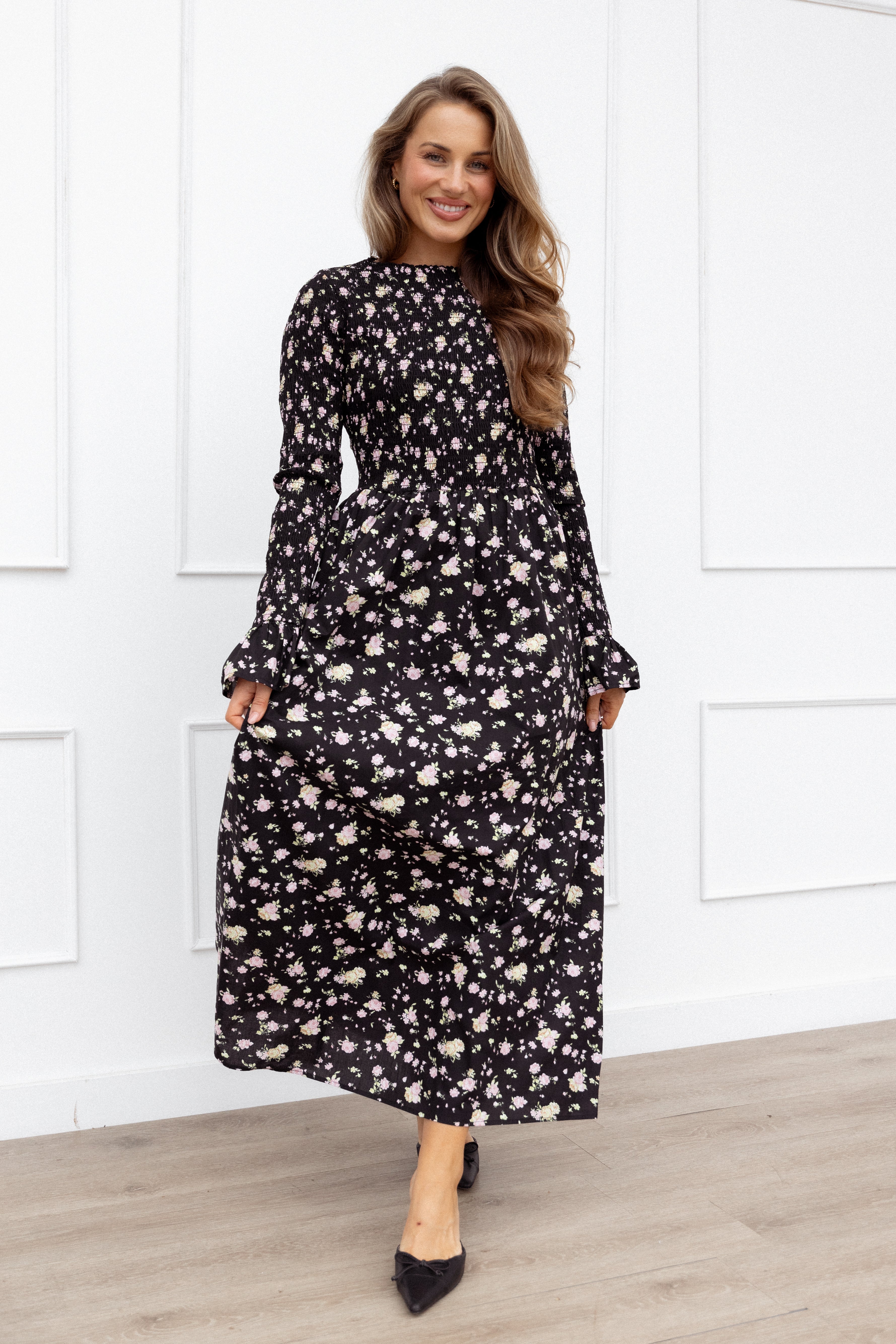 Mairead Floral Maxi Dress - Black Cotton Long Sleeve A-Line