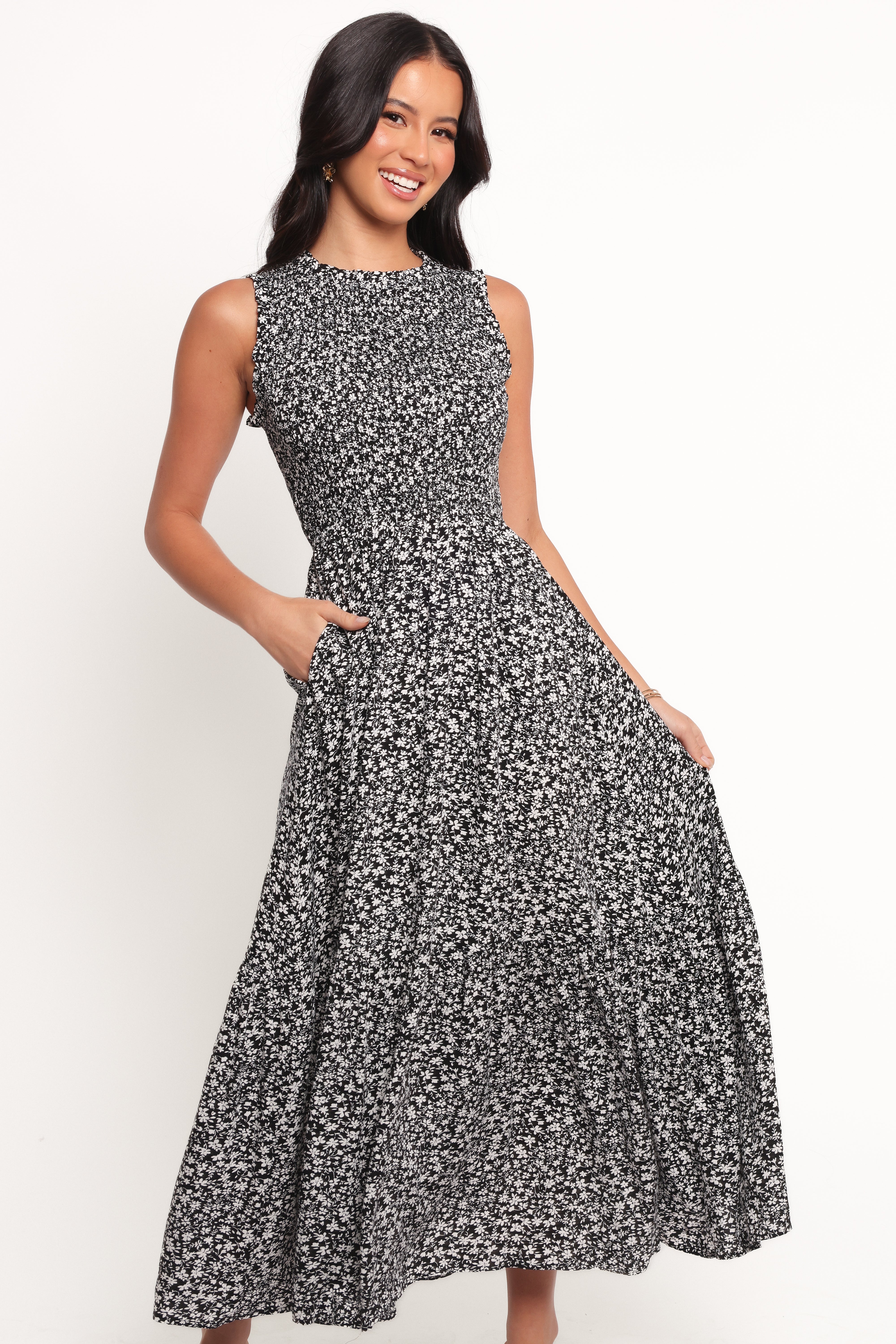 Agatha Floral Midi Dress - Sleeveless A-Line with Pockets